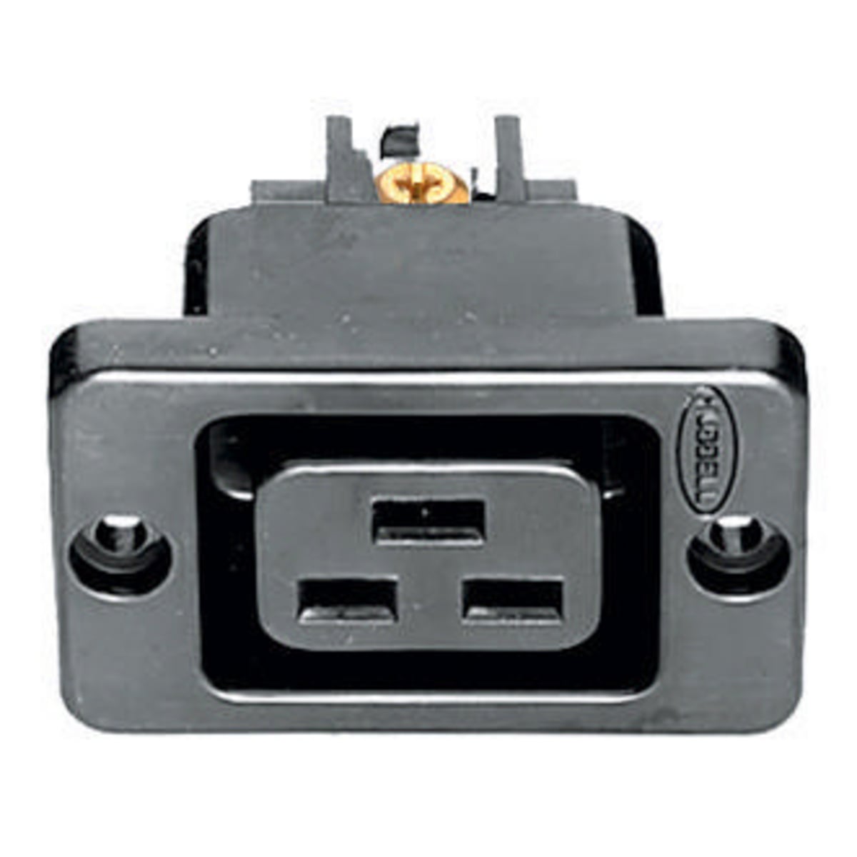 H320R 1-Phase Female Heavy Duty Non-Grounding Panel Mount Single Standard Screw Mount Straight Blade Receptacle, 250 V AC, 16/20 A, 3 Poles, 3 Wires, Black