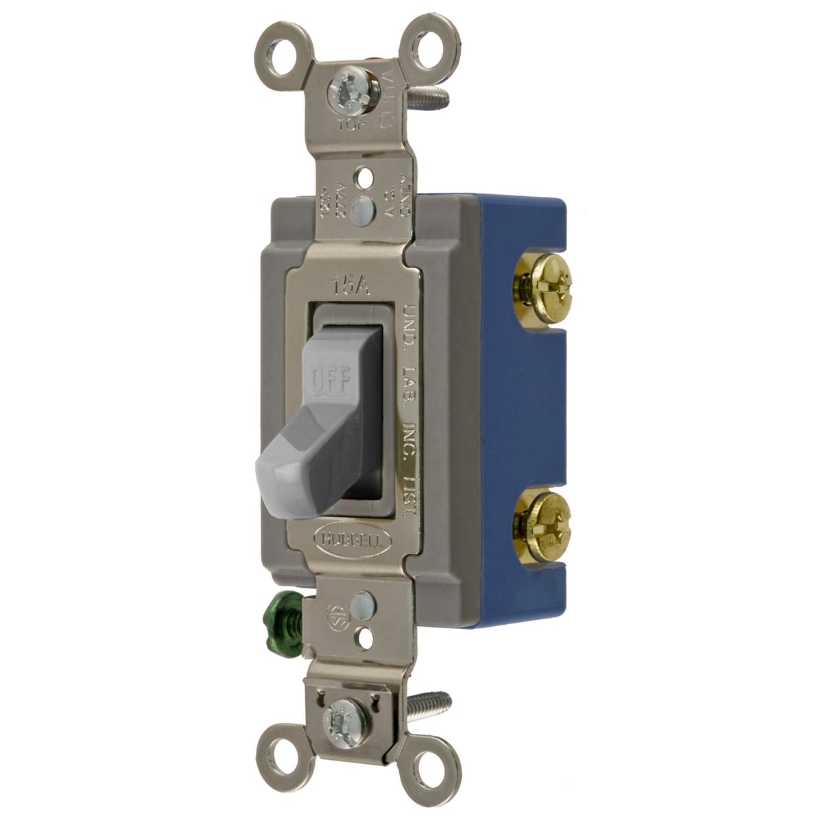 HBL1201GY Extra Heavy Duty General Purpose Standard Toggle Switch, 120 to 277 VAC, 15 A, 4155 W Power Rating, 2-Position Contact