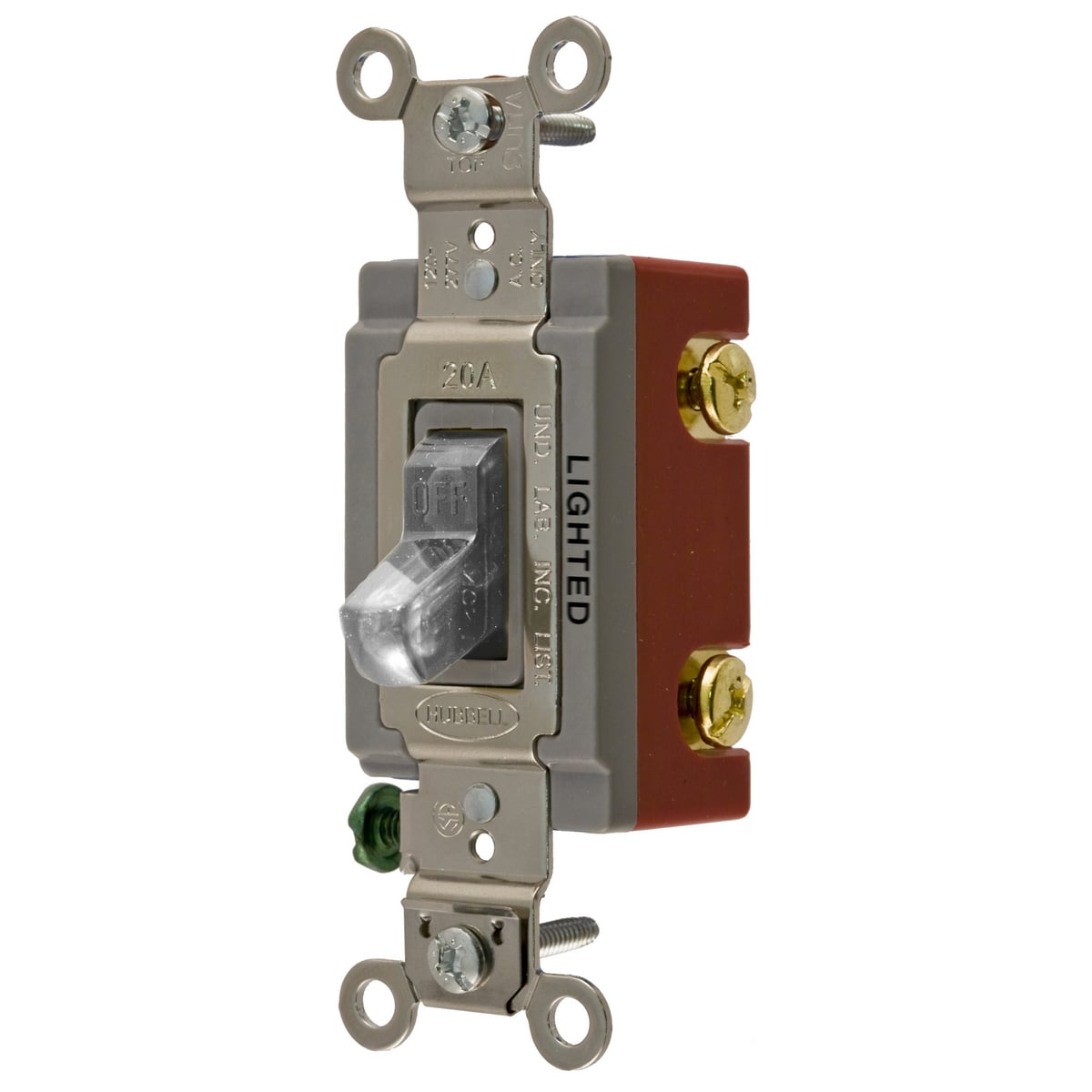 HBL1221ILC HBL Extra Heavy Duty General Purpose Illuminated Standard Toggle Switch, 120 to 277 V AC, 20 A, 5540 W Power Rating, 2-Position Contact