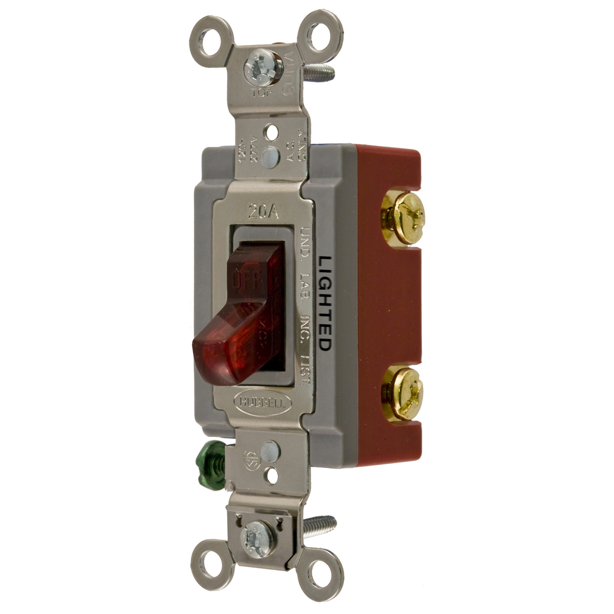 HBL1221ILR HBL Extra Heavy Duty General Purpose Illuminated Standard Toggle Switch, 120 to 277 V AC, 20 A, 5540 W Power Rating, 2-Position Contact