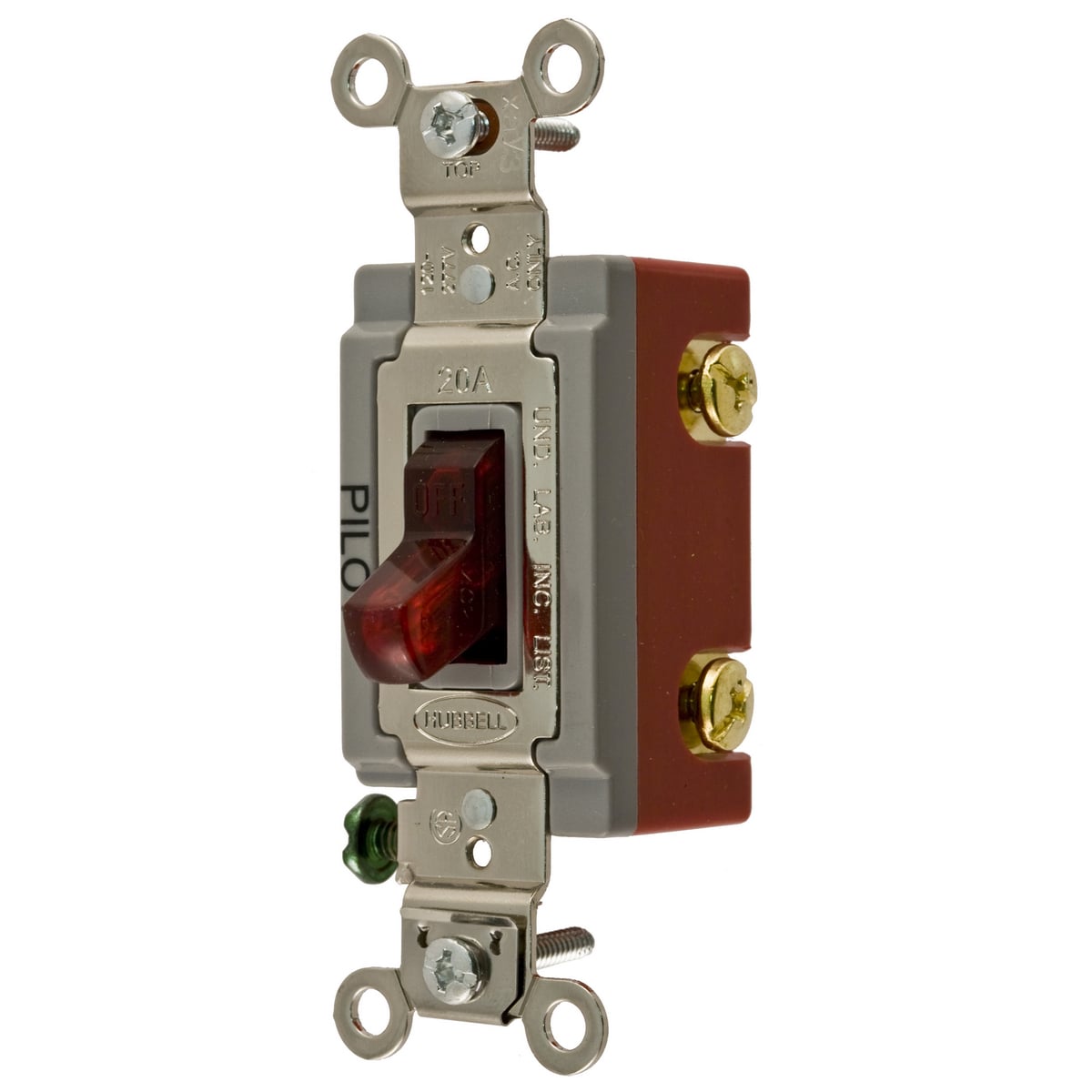 HBL1221PL Extra Heavy Duty General Purpose Pilot Light Standard Toggle Switch, 120 to 277 V AC, 20 A, 5540 W Power Rating, 2-Position Contact