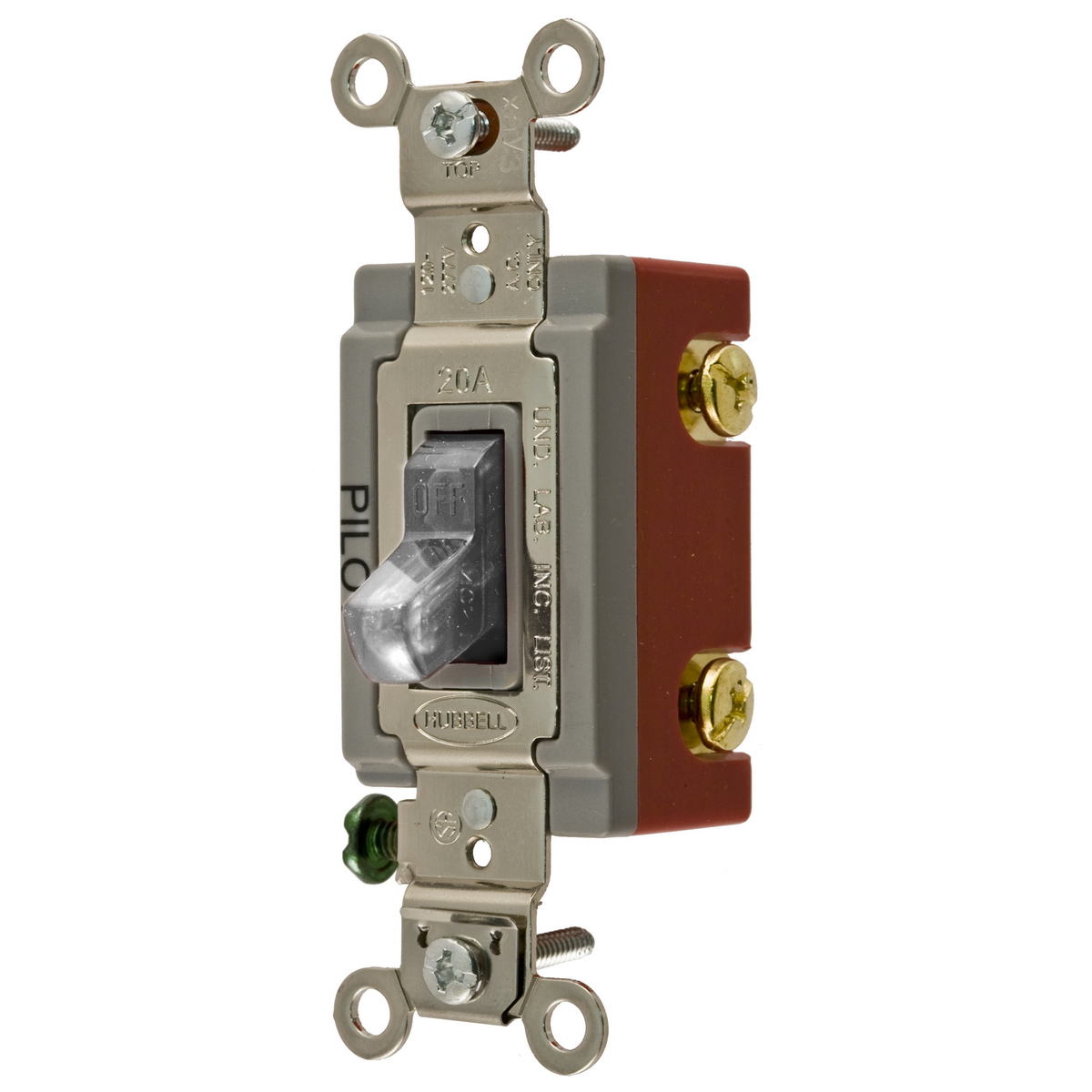 HBL1221PLC Extra Heavy Duty General Purpose Pilot Light Standard Toggle Switch, 120 to 277 V AC, 20 A, 5540 W Power Rating, 2-Position Contact