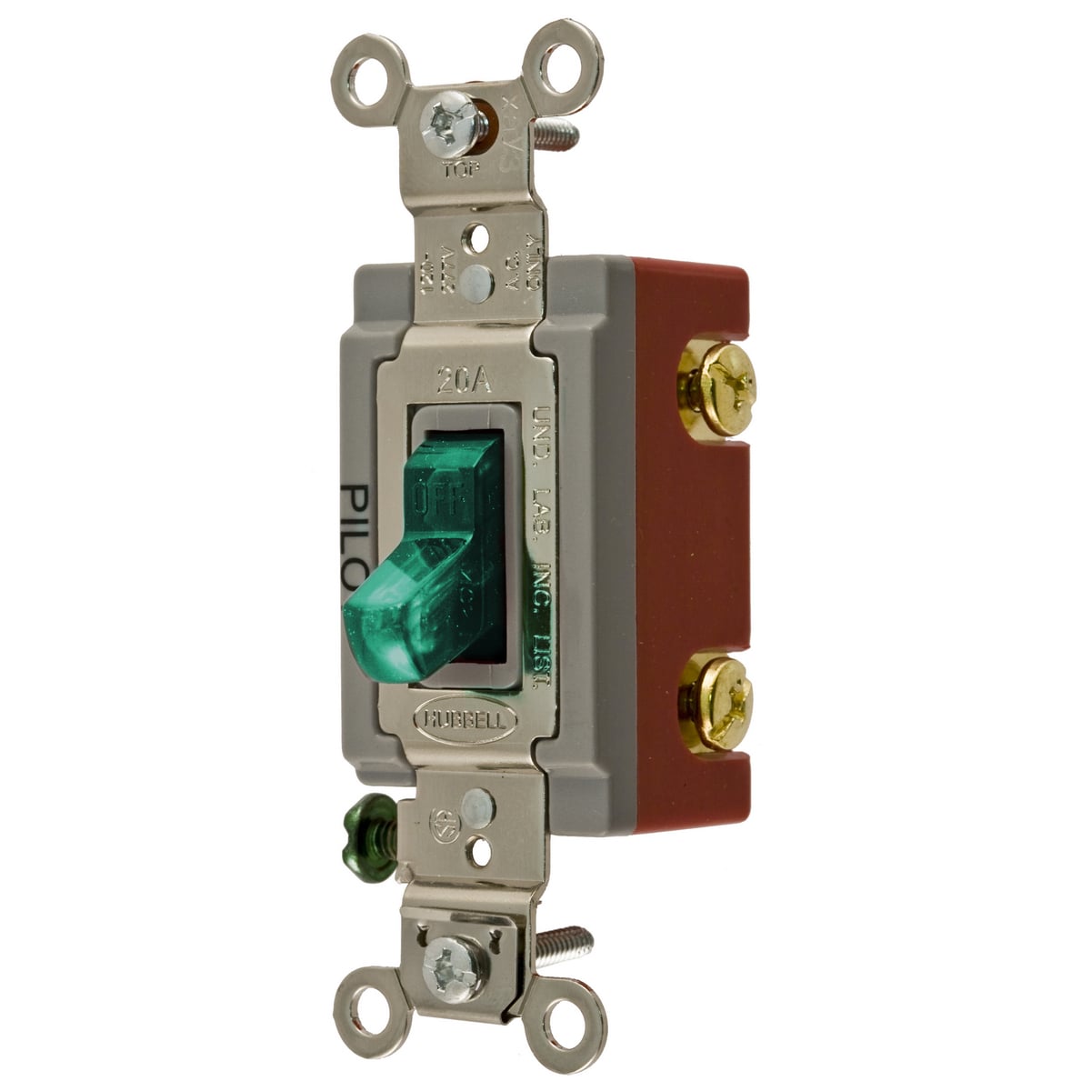 HBL1221PLG Extra Heavy Duty General Purpose Pilot Light Standard Toggle Switch, 120 to 277 V AC, 20 A, 5540 W Power Rating, 2-Position Contact