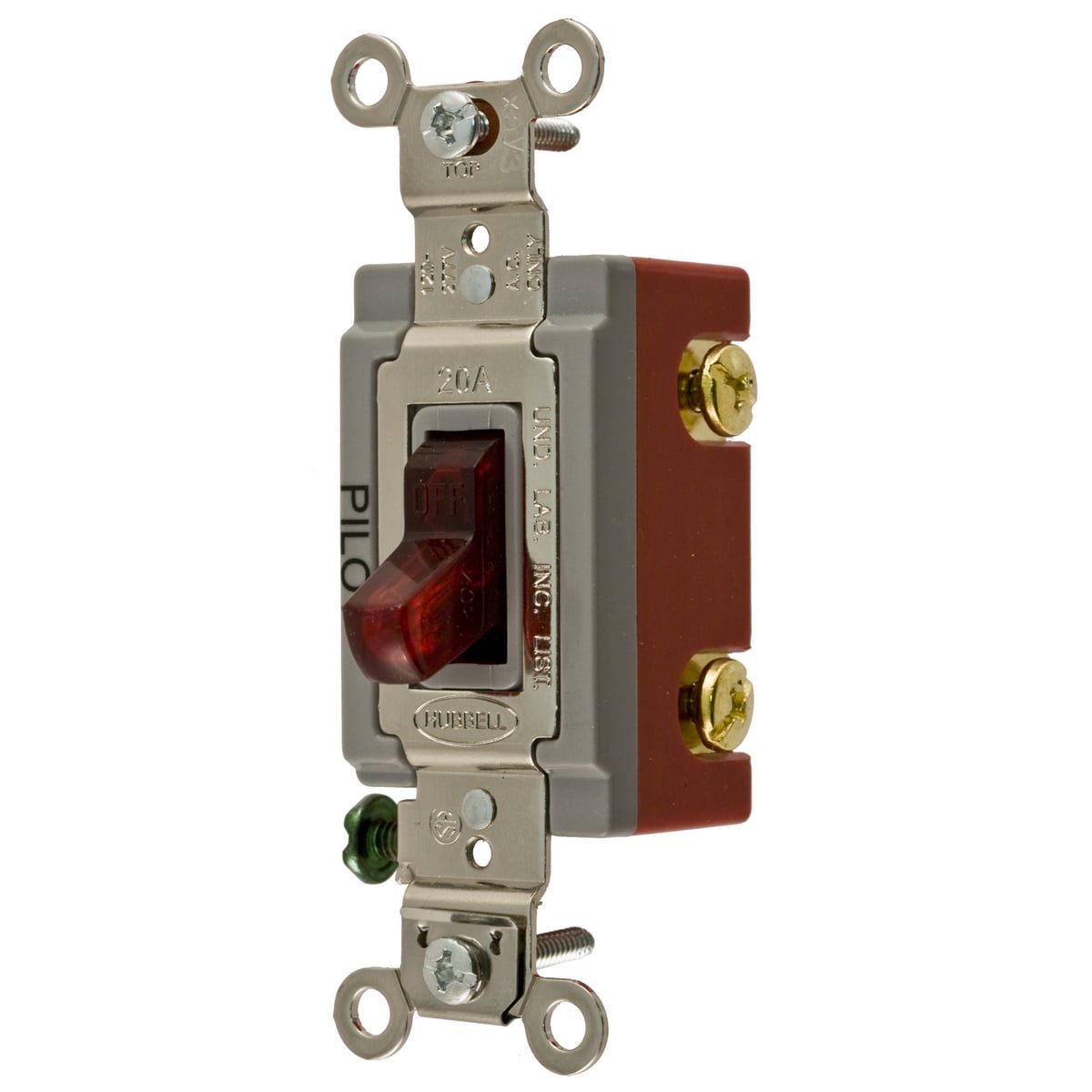 HBL1222PL Extra Heavy Duty General Purpose Pilot Light Standard Toggle Switch, 120 to 277 V AC, 20 A, 5540 W Power Rating, 2-Position Contact
