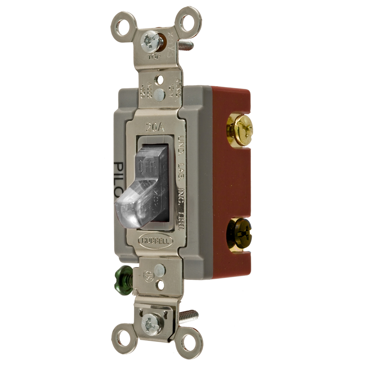 HBL1223PLC 3-Way Extra Heavy Duty General Purpose Pilot Light Standard Toggle Switch, 120 to 277 V AC, 20 A, 5540 W Power Rating, 2-Position Contact