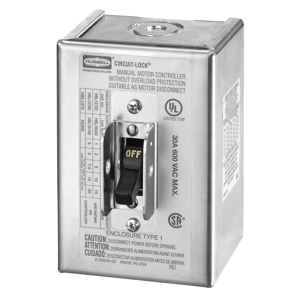 HBL1370 Enclosed AC Motor Disconnect Switch, 4.52 in L x 3.2 in W x 3.15 in D x 4.52 in H, 1 NEMA Rating, Aluminum