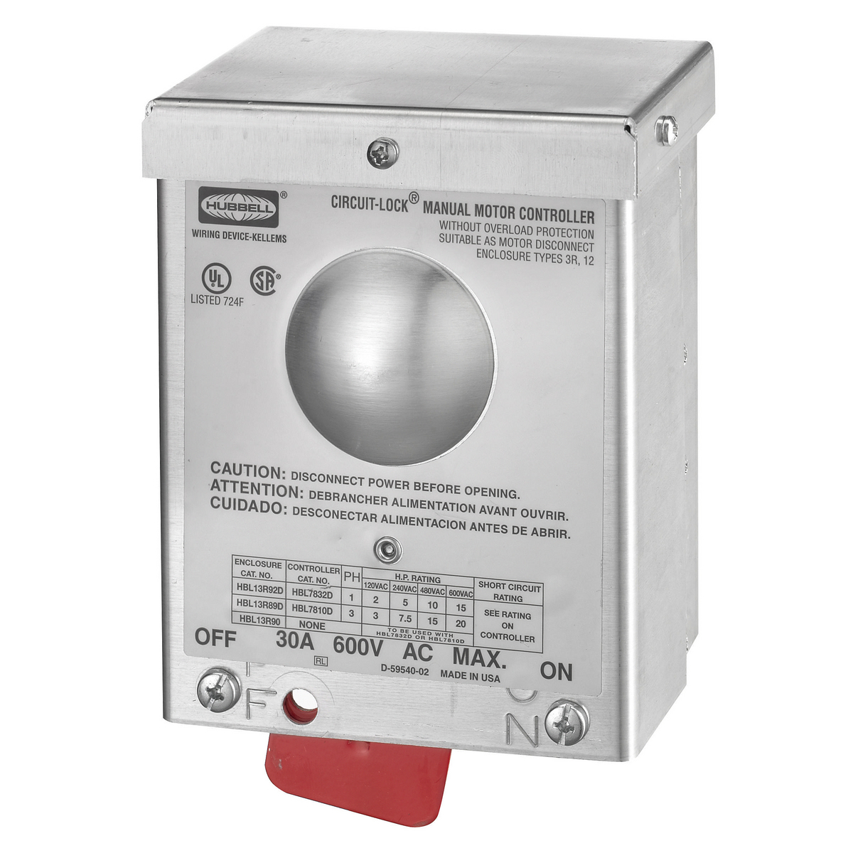 HBL13R90 Industrial Grade Non-Fused Standard Enclosure, 600 V AC, 30 A, 3 Poles