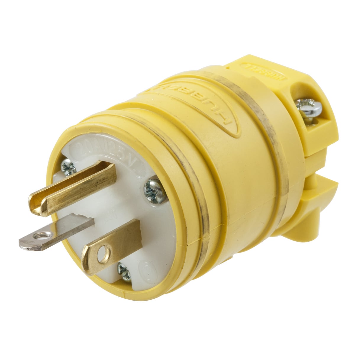HBL1433 1-Phase Dusttight Grounding Male Cord Mount Straight Blade Plug, 125 V AC, 20 A, 2 Poles, 3 Wires, Yellow