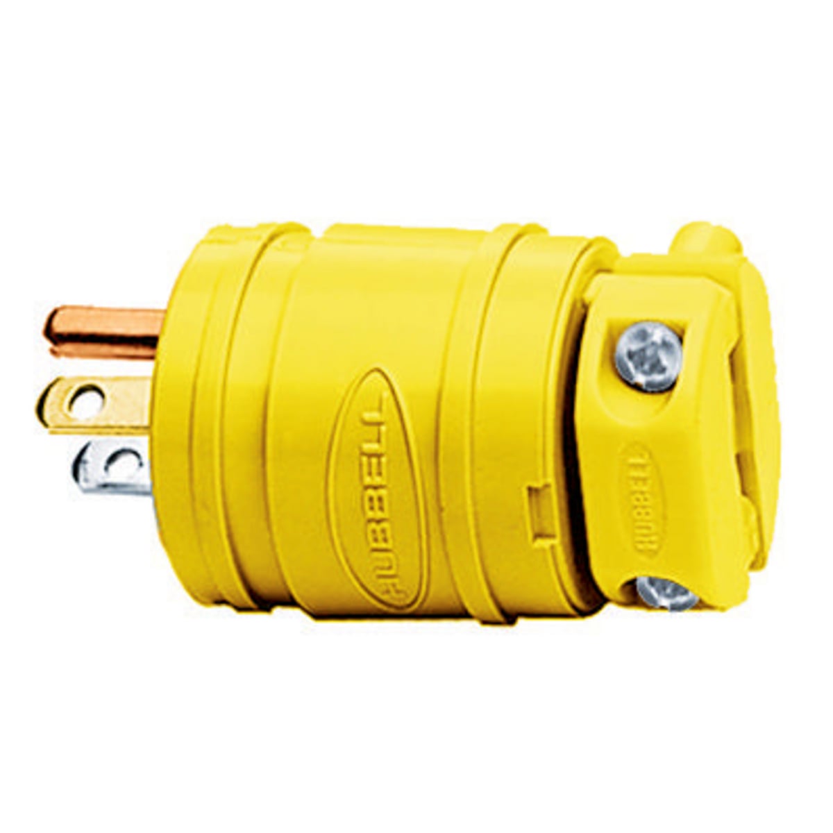 HBL1447 1-Phase Cord Mounted Grounding Watertight Straight Blade Plug, 125 V AC, 15 A, 2 Poles, 3 Wires, Yellow
