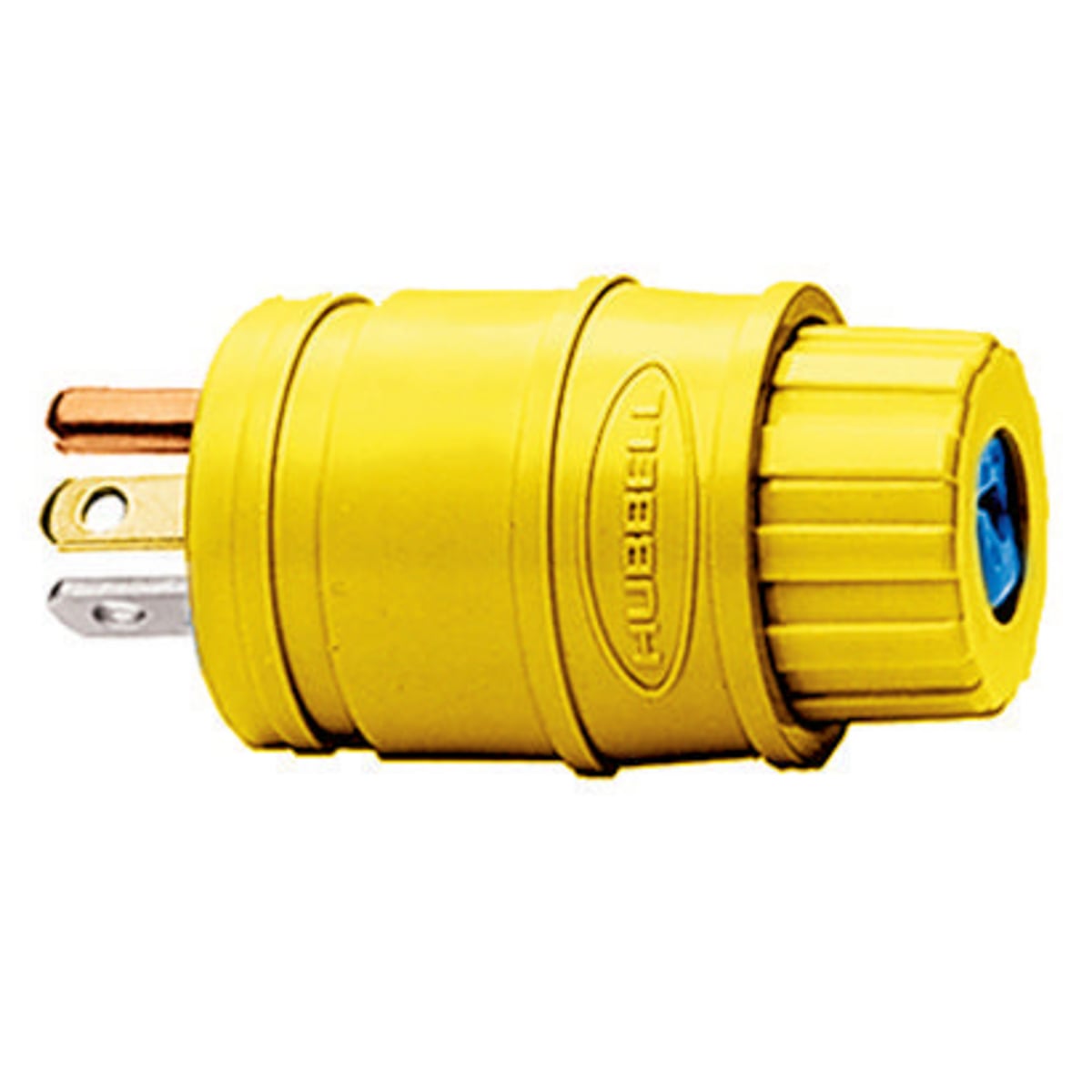 HBL14W33 1-Phase Grounding Watertight Standard Cord Mount Weather Resistant Straight Blade Plug, 125 V AC, 20 A, 2 Poles, 3 Wires, Yellow