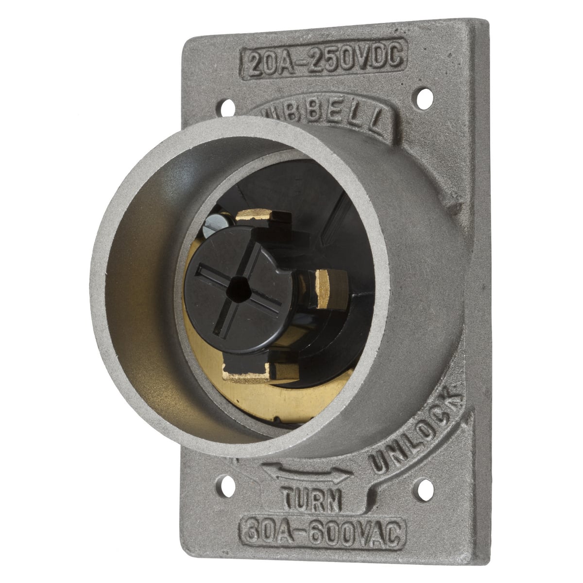 HBL20418 Grounding Locking Flanged Inlet, 600 V AC/250 V DC, 30/20 A, 3 Poles, 4 Wires, Metallic