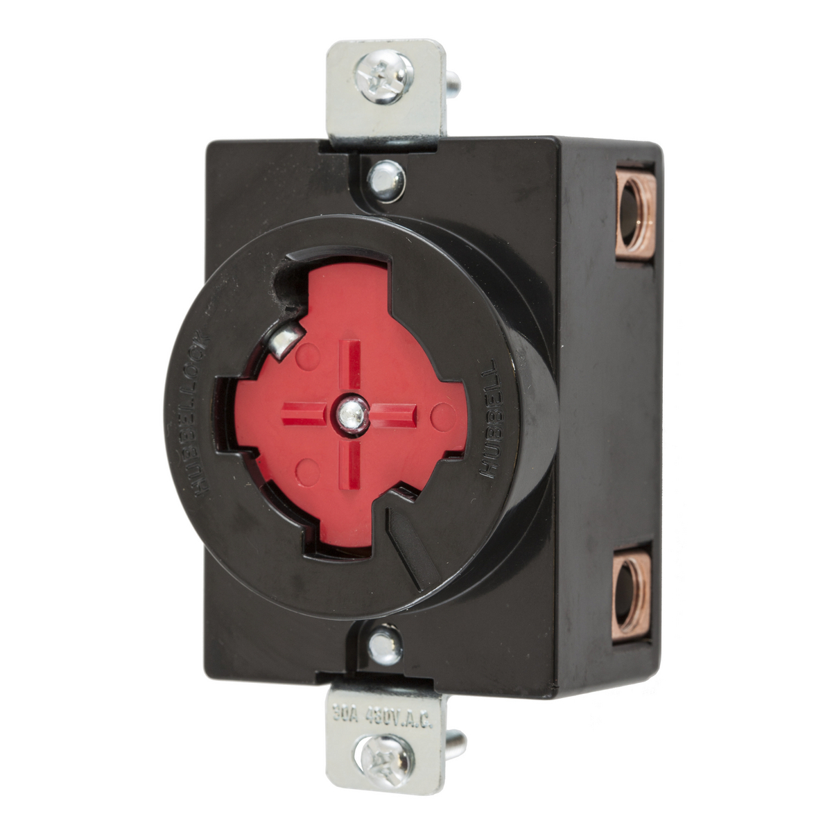 HBL20443 HBL Multi-Phase Grounding Heavy Duty Single Screw Mount Locking Receptacle, 480 V AC, 30 A, 3 Poles, 4 Wires, Black/Red