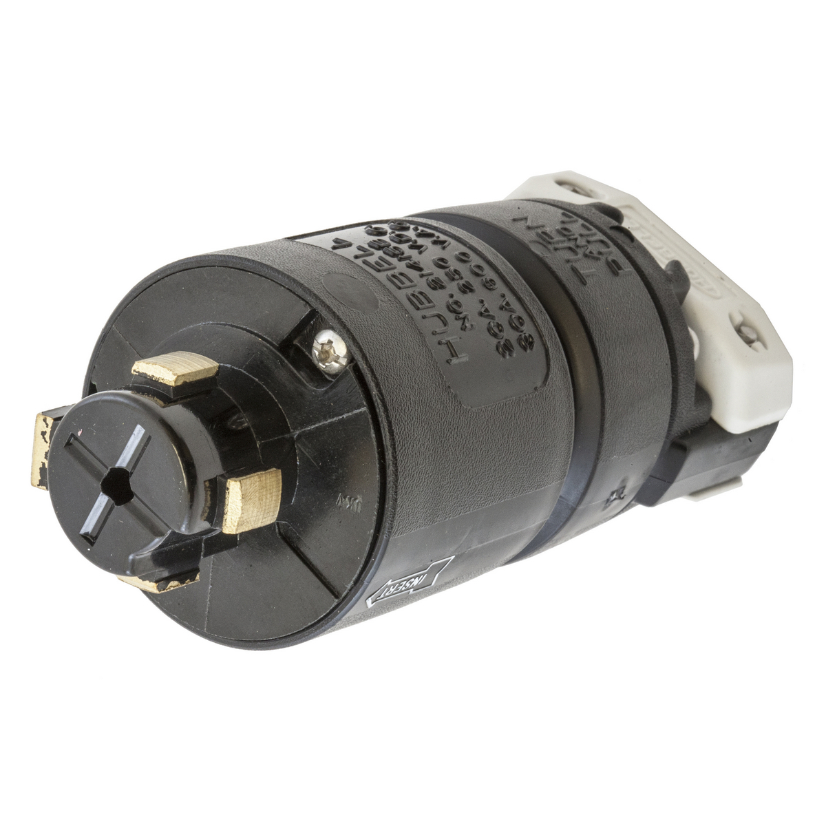 HBL21415B 3-Phase Heavy Duty Grounding Cord Mount Locking Plug, 600 V AC/250 V DC, 20/30 A, 3 Poles, 4 Wires, Black/White