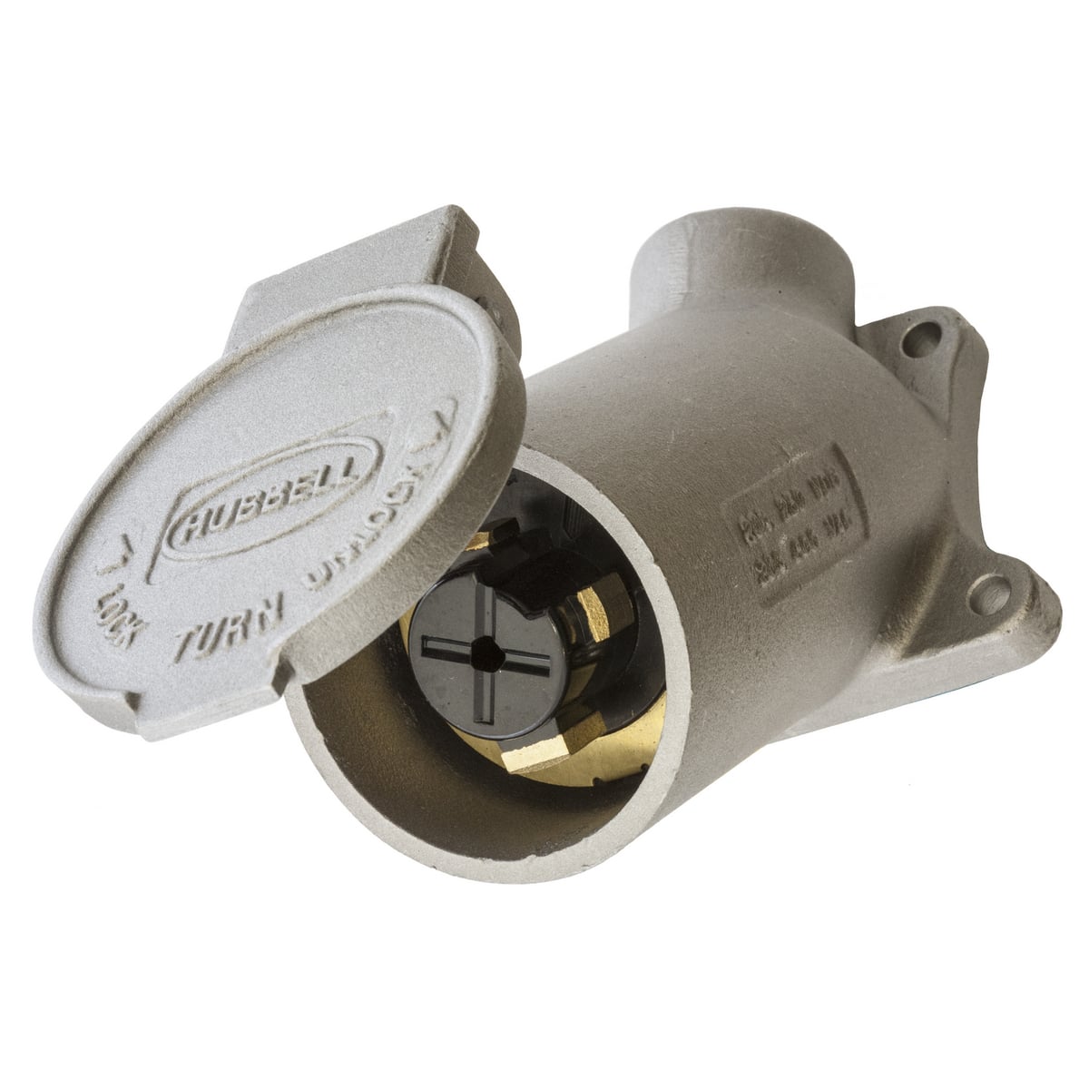 HBL21447 Grounding Locking Flanged Inlet, 600 V AC/250 V DC, 30/20 A, 3 Poles, 4 Wires, Metallic