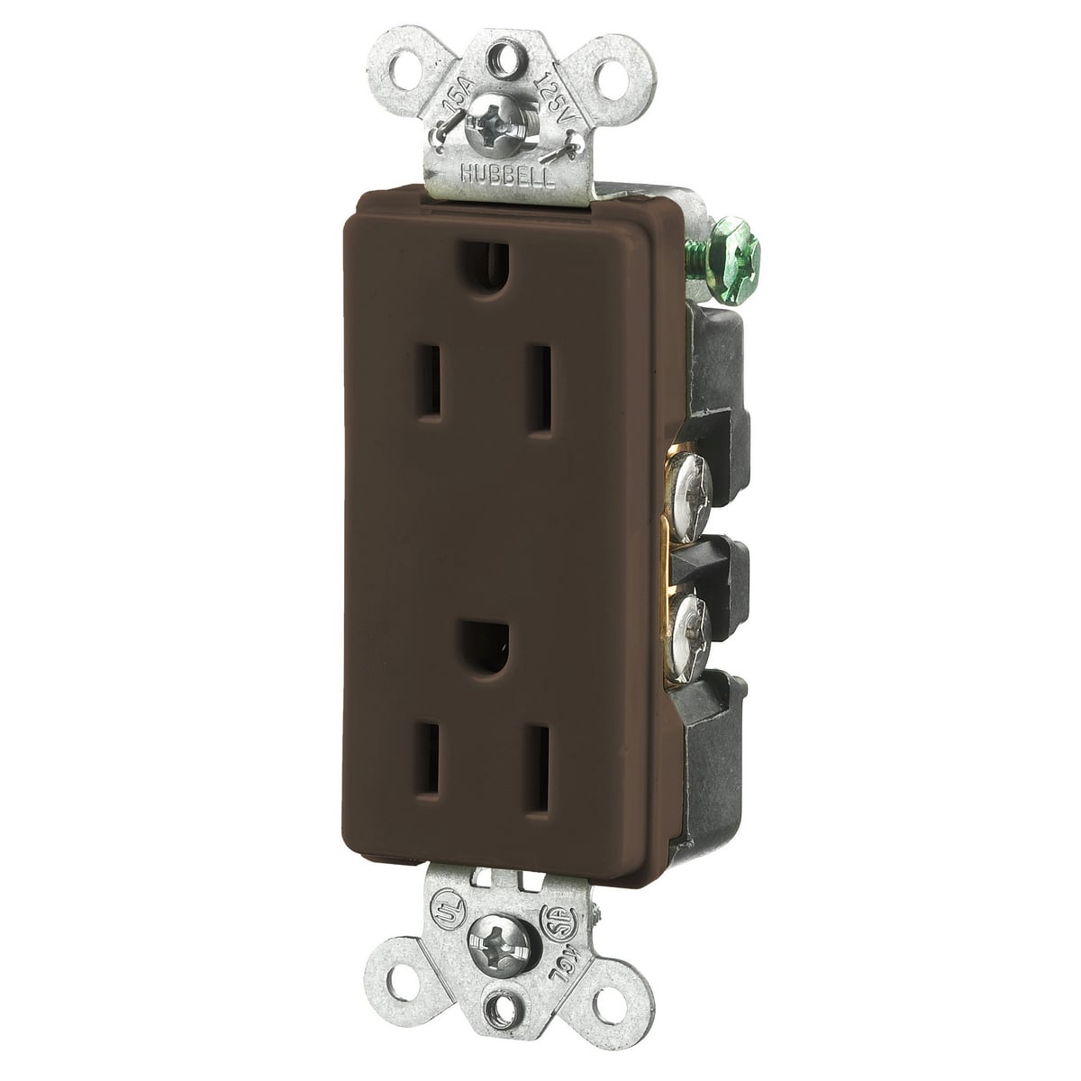 HBL2152 1-Phase Decorator Duplex Heavy Duty Self-Grounding Standard Screw Mount Straight Blade Receptacle, 125 V AC, 15 A, 2 Poles, 3 Wires, Brown