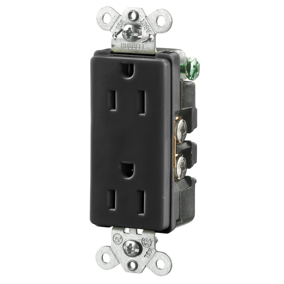 HBL2152BK 1-Phase Decorator Duplex Heavy Duty Self-Grounding Standard Screw Mount Straight Blade Receptacle, 125 V AC, 15 A, 2 Poles, 3 Wires, Black