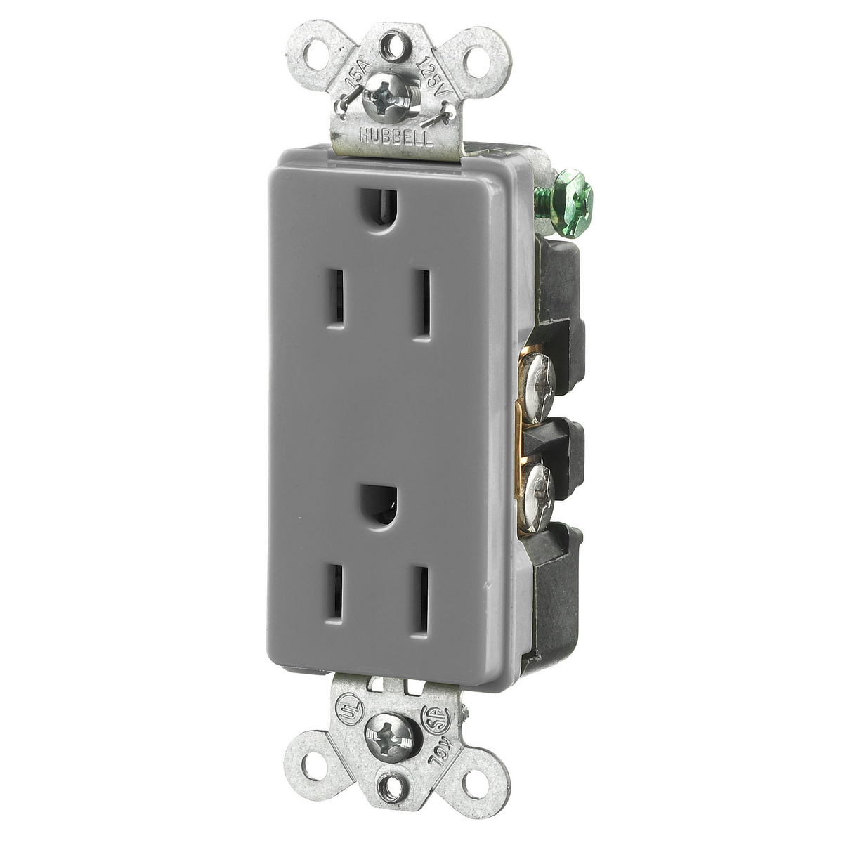HBL2152GY 1-Phase Decorator Duplex Heavy Duty Self-Grounding Standard Screw Mount Straight Blade Receptacle, 125 V AC, 15 A, 2 Poles, 3 Wires, Gray