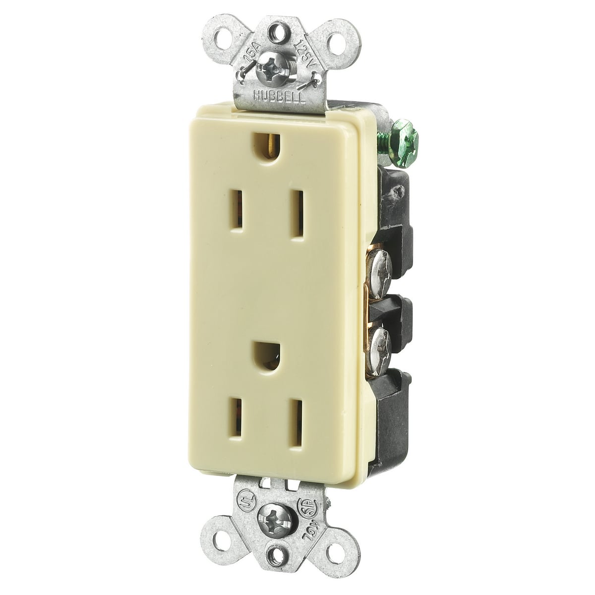 HBL2152I 1-Phase Decorator Duplex Heavy Duty Self-Grounding Standard Screw Mount Straight Blade Receptacle, 125 V AC, 15 A, 2 Poles, 3 Wires, Ivory