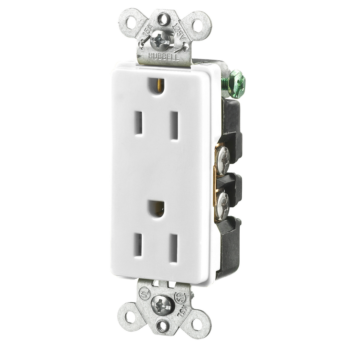 HBL2152WA Decorator 1-Phase Duplex Self-Grounding Screw Mount Straight Blade Receptacle, 125 V AC, 15 A, 2 Poles, 3 Wires, White
