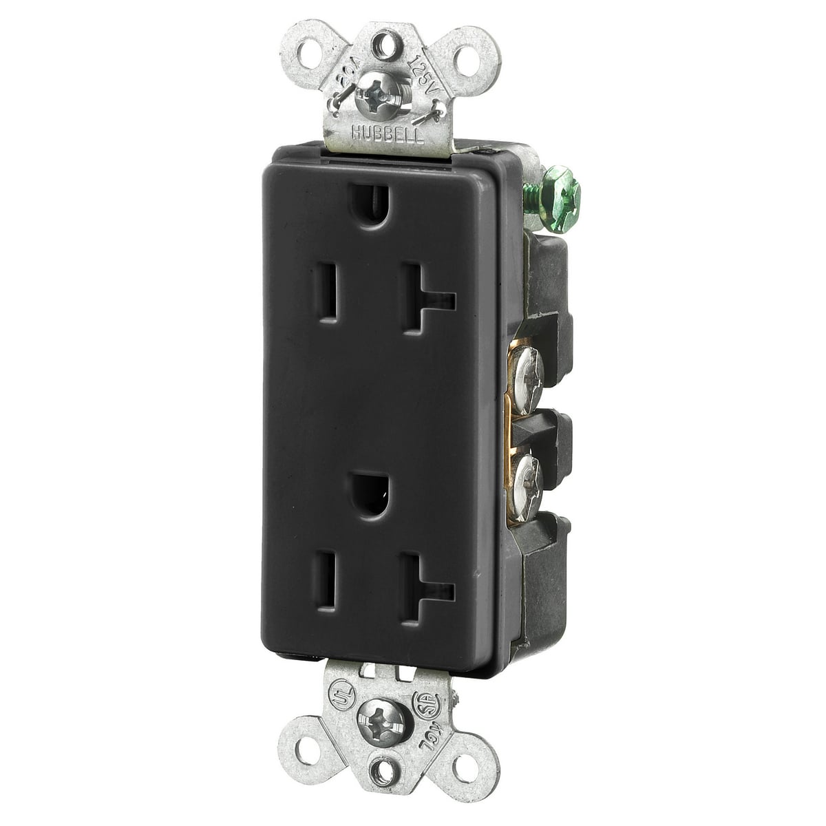 HBL2162BK 1-Phase Duplex Self-Grounding Heavy Duty Standard Traditional Screw Mount Straight Blade Receptacle, 125 V AC, 20 A, 2 Poles, 3 Wires, Black