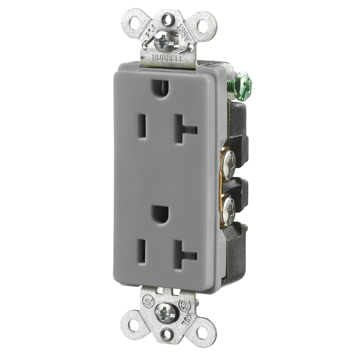 HBL2162GY 1-Phase Duplex Self-Grounding Heavy Duty Standard Traditional Screw Mount Straight Blade Receptacle, 125 V AC, 20 A, 2 Poles, 3 Wires, Gray