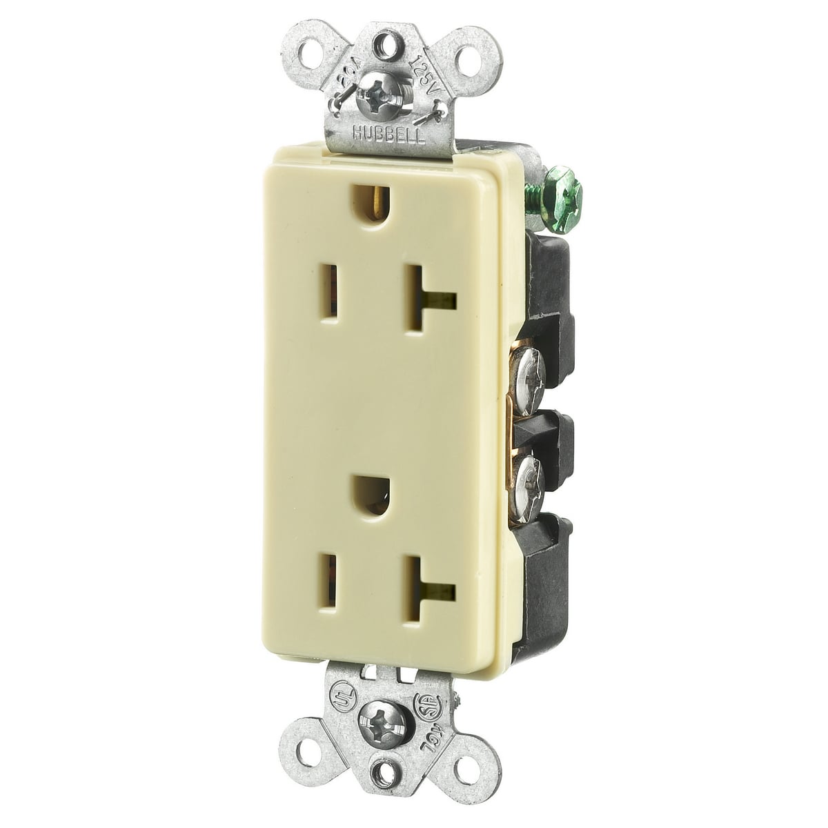 HBL2162I 1-Phase Decorator Duplex Heavy Duty Self-Grounding Standard Traditional Screw Mount Straight Blade Receptacle, 125 V AC, 20 A, 2 Poles, 3 Wires, Ivory