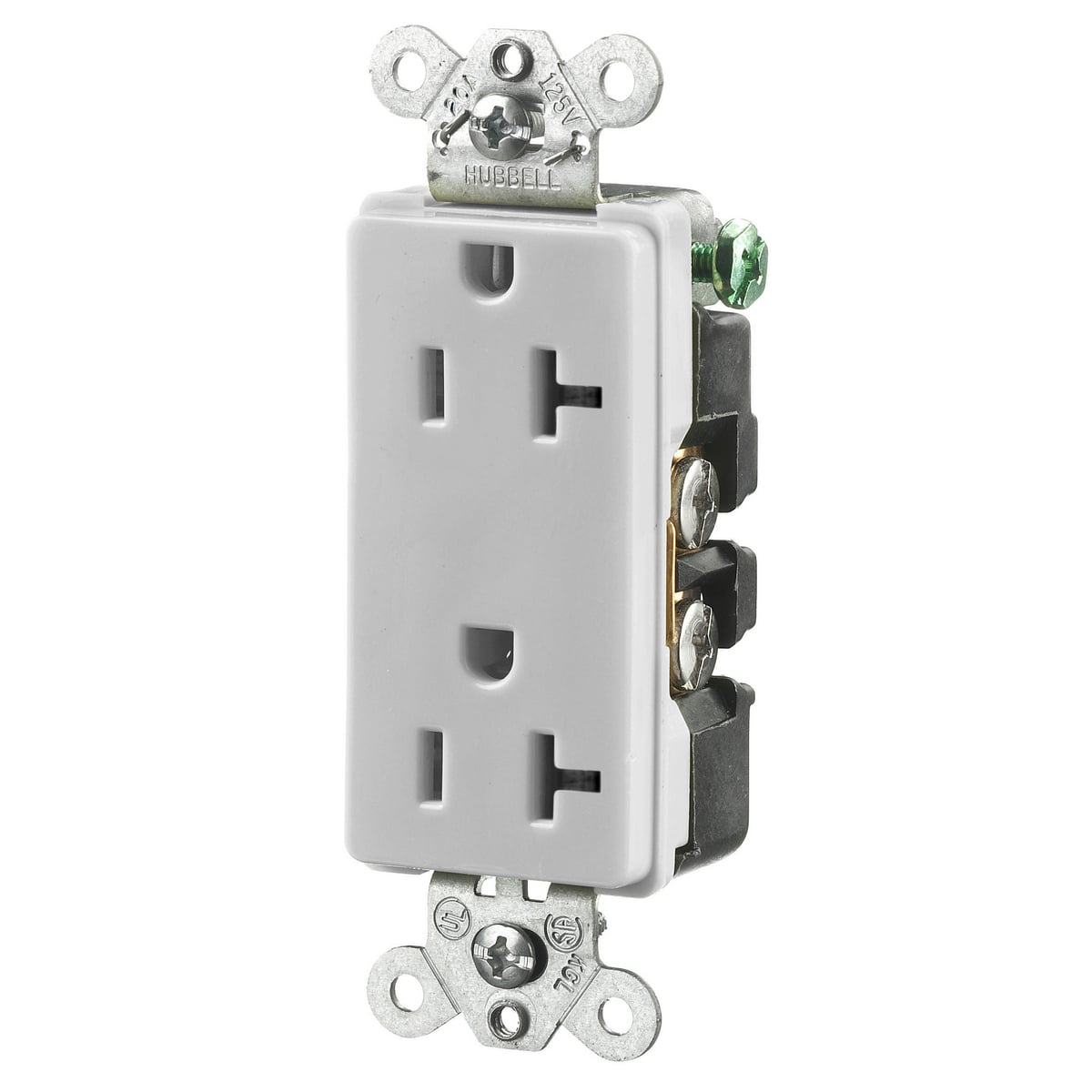 HBL2162OW 1-Phase Duplex Self-Grounding Heavy Duty Standard Traditional Straight Blade Receptacle, 125 V AC, 20 A, 2 Poles, 3 Wires, Office White