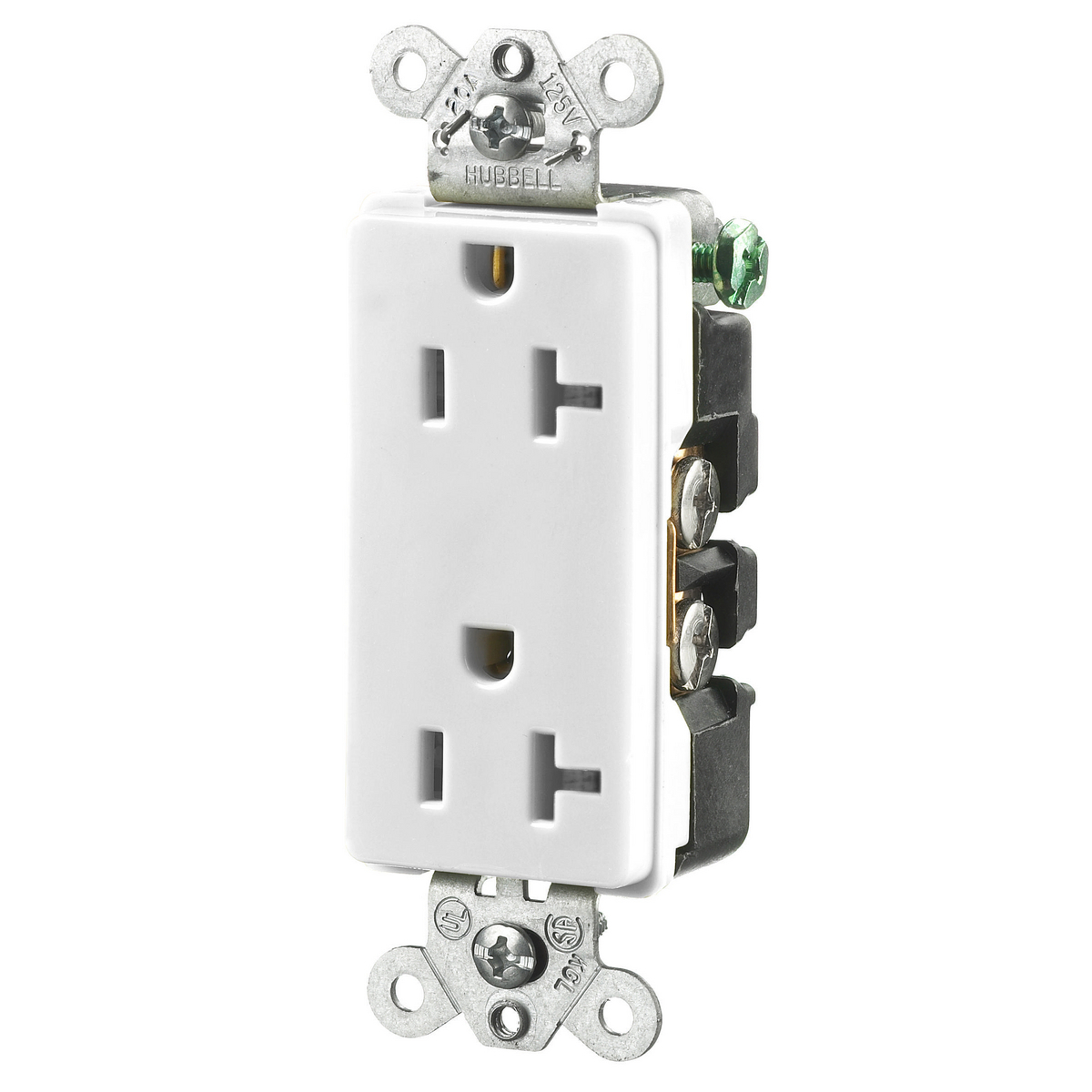 HBL2162WA 1-Phase Decorator Duplex Heavy Duty Self-Grounding Standard Traditional Screw Mount Straight Blade Receptacle, 125 V AC, 20 A, 2 Poles, 3 Wires, White