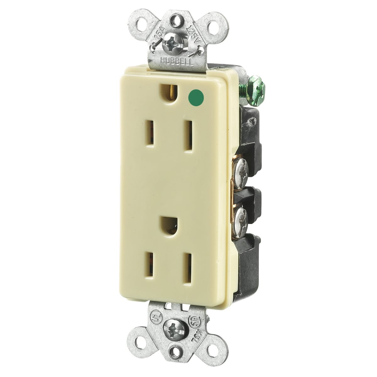 HBL2172I 1-Phase Decorator Duplex Self-Grounding Standard Screw Mount Straight Blade Receptacle, 125 VAC, 15 A, 2 Poles, 3 Wires, Ivory