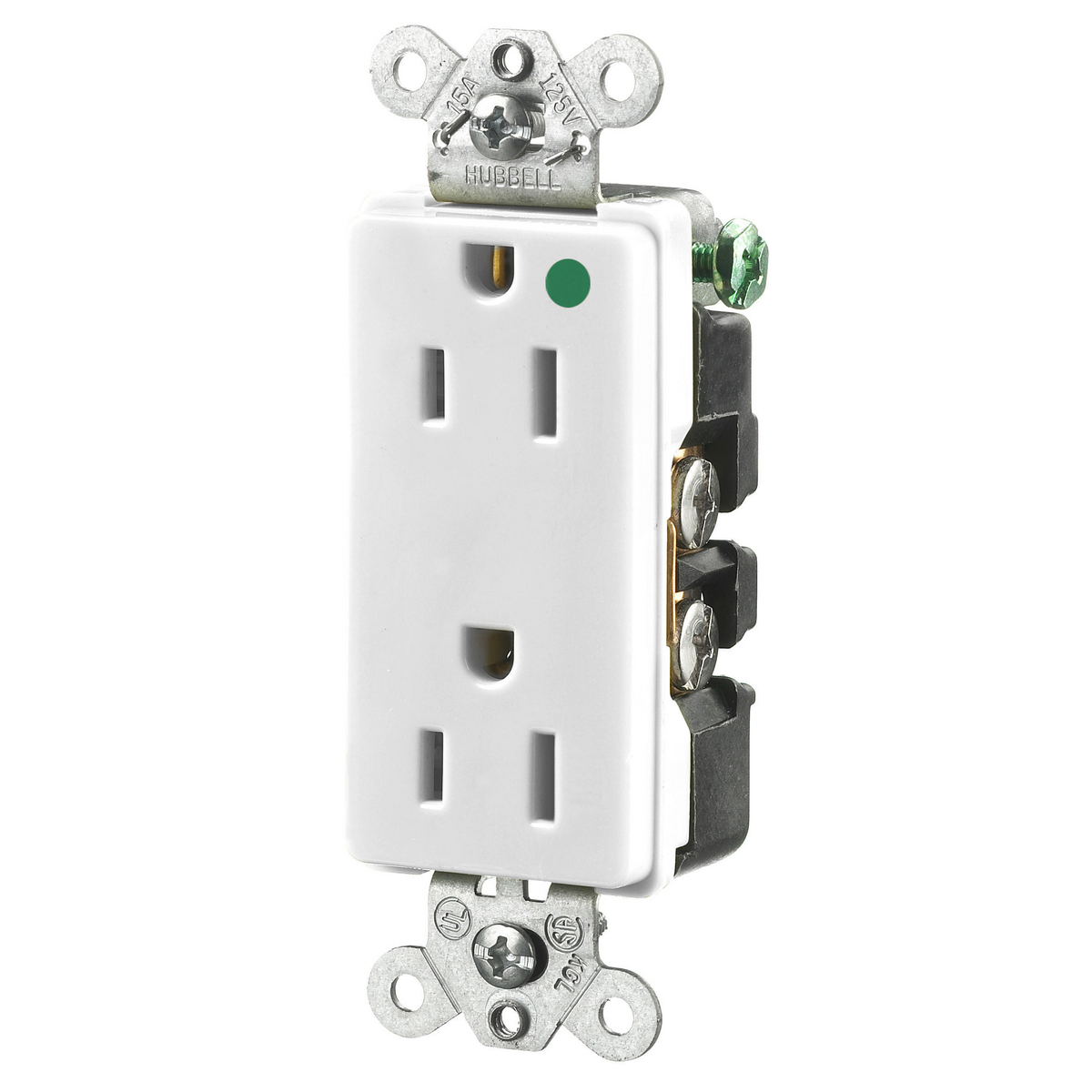 HBL2172WA Decorator 1-Phase Duplex Extra Heavy Duty Self-Grounding Screw Mount Straight Blade Receptacle, 125 V AC, 15 A, 2 Poles, 3 Wires, White
