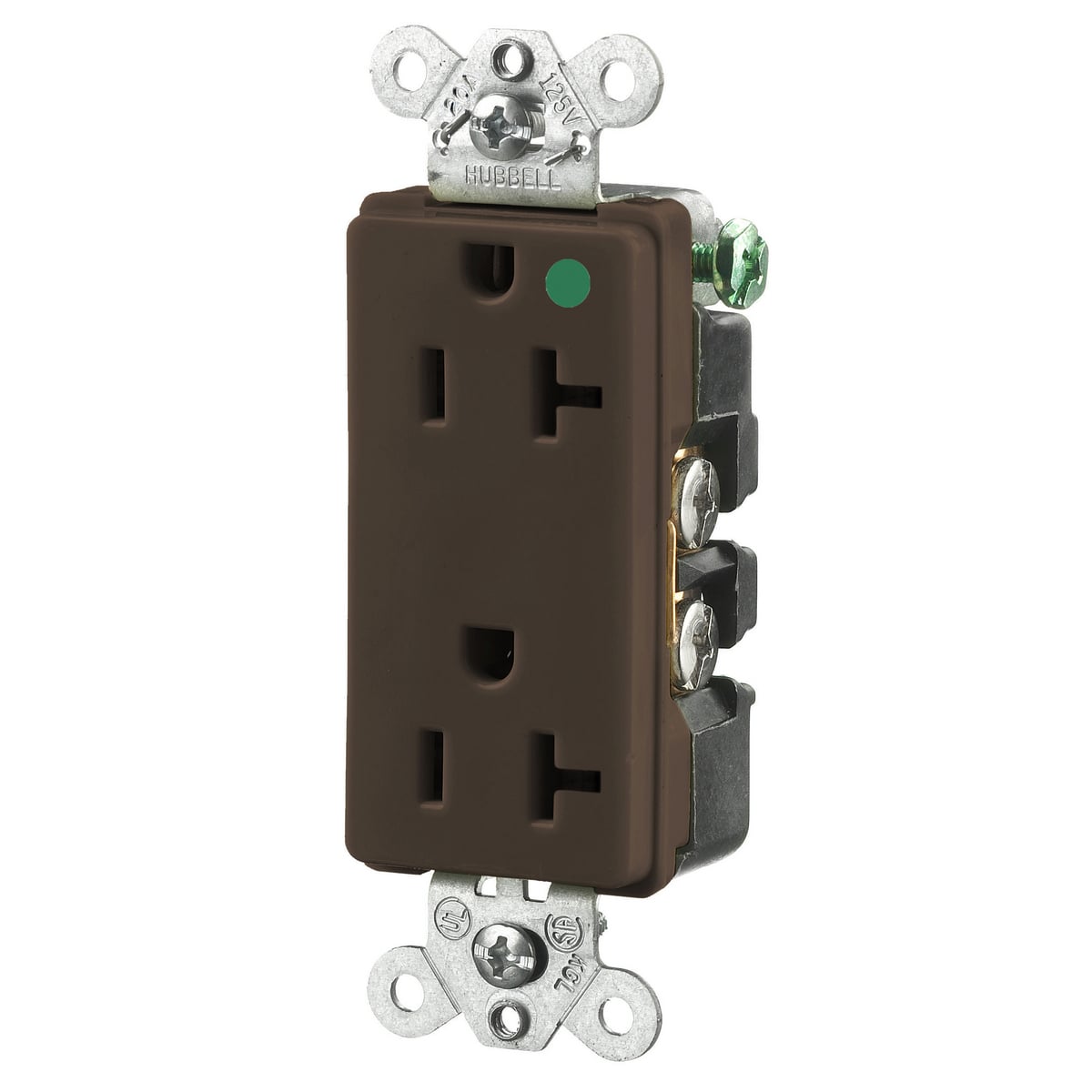 HBL2182 1-Phase Decorator Duplex Self-Grounding Standard Screw Mount Straight Blade Receptacle, 125 V AC, 20 A, 2 Poles, 3 Wires, Brown