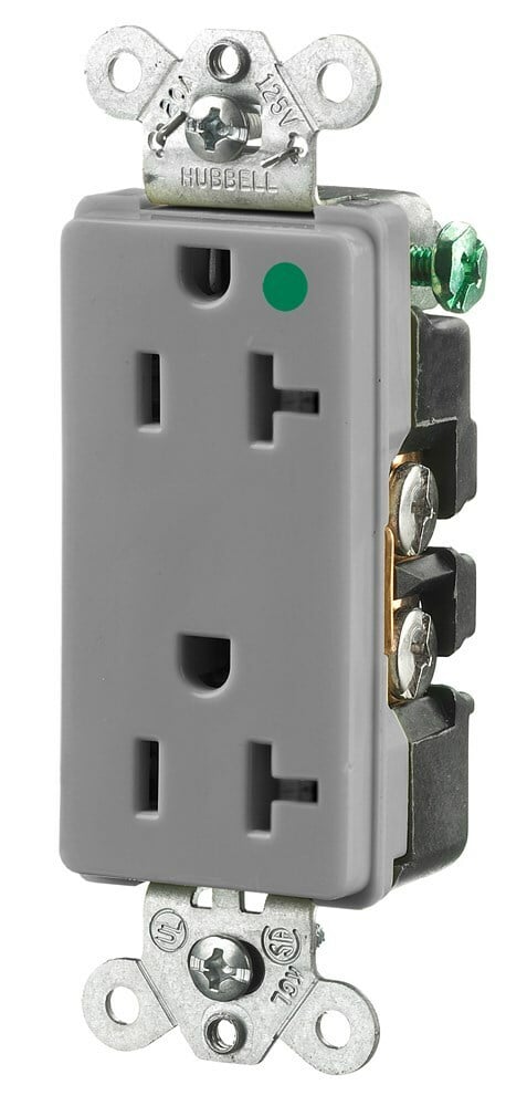 HBL2182GY 1-Phase Decorator Duplex Self-Grounding Standard Screw Mount Straight Blade Receptacle, 125 V AC, 20 A, 2 Poles, 3 Wires, Gray