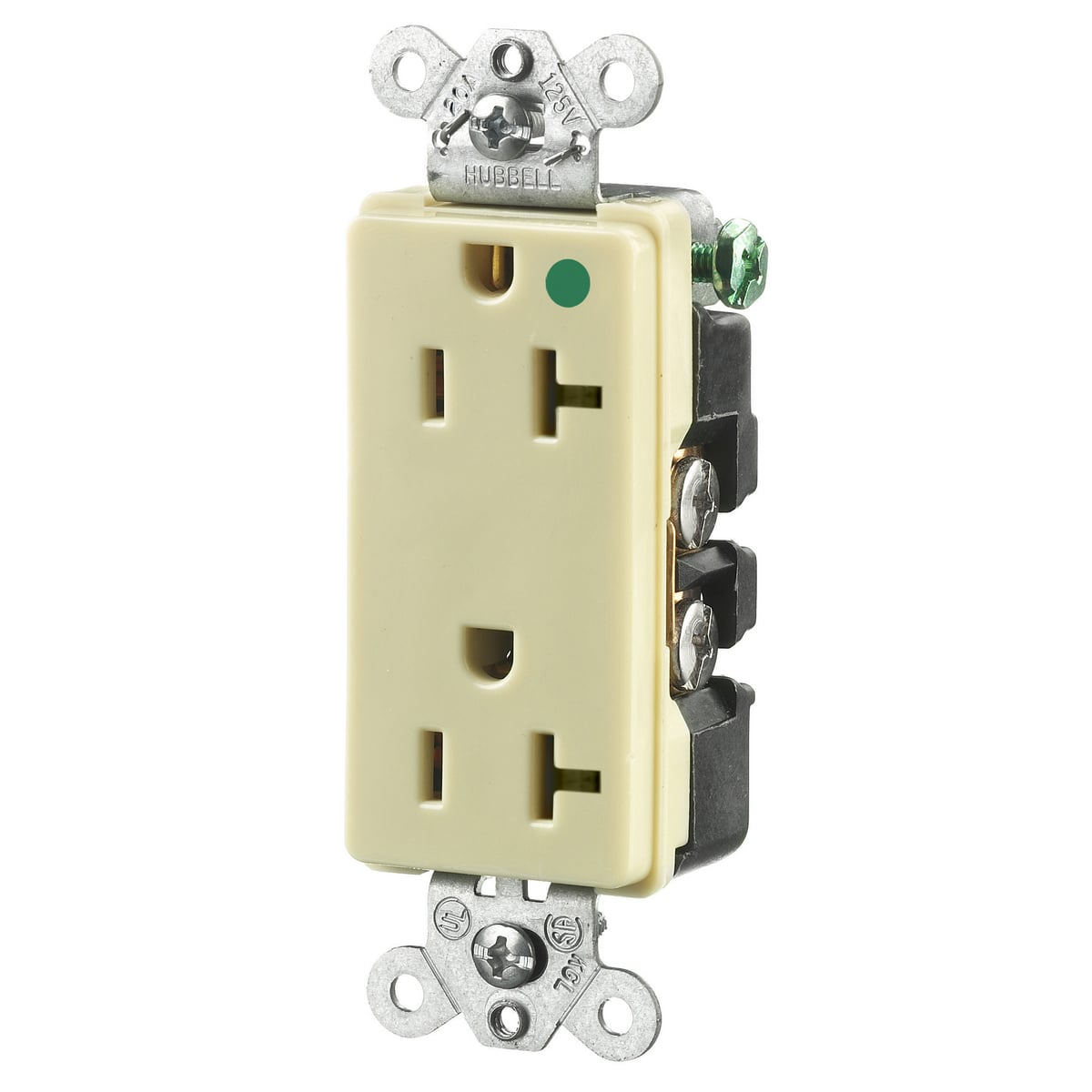 HBL2182I 1-Phase Decorator Duplex Self-Grounding Standard Screw Mount Straight Blade Receptacle, 125 V AC, 20 A, 2 Poles, 3 Wires, Ivory