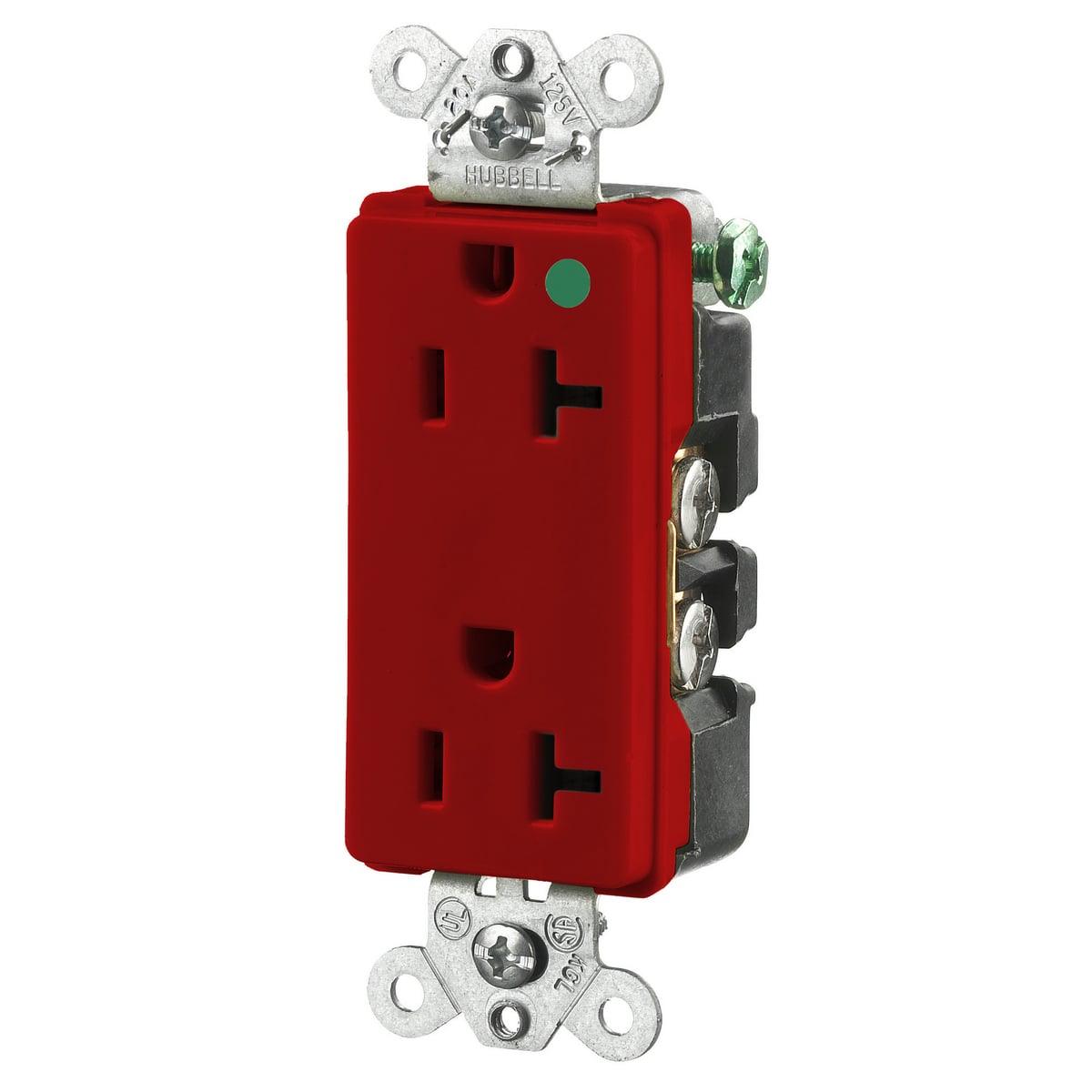 HBL2182R Decorator 1-Phase Self-Grounding Screw Mount Straight Blade Receptacle, 125 V AC, 20 A, 2 Poles, 3 Wires, Red