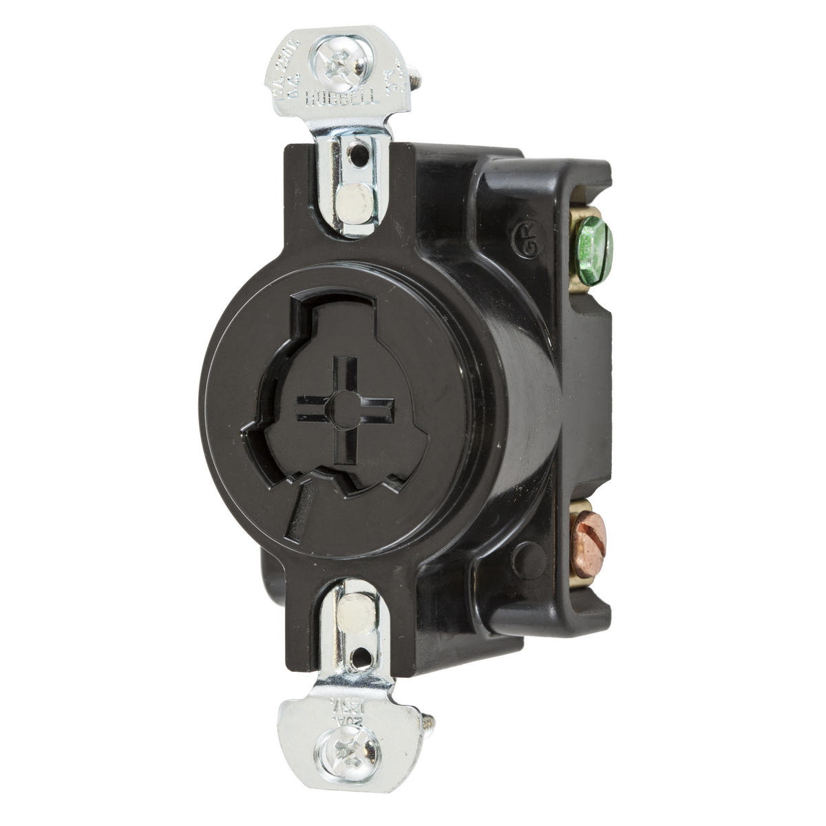 HBL23000G 1-Phase Grounding Single Screw Mount Locking Receptacle, 125 V AC, 20 A, 2 Poles, 3 Wires, Black