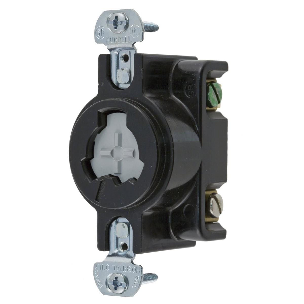HBL23000HG HBL 1-Phase Grounding Single Screw Mount Locking Receptacle, 125 V AC, 20 A, 2 Poles, 3 Wires, Black