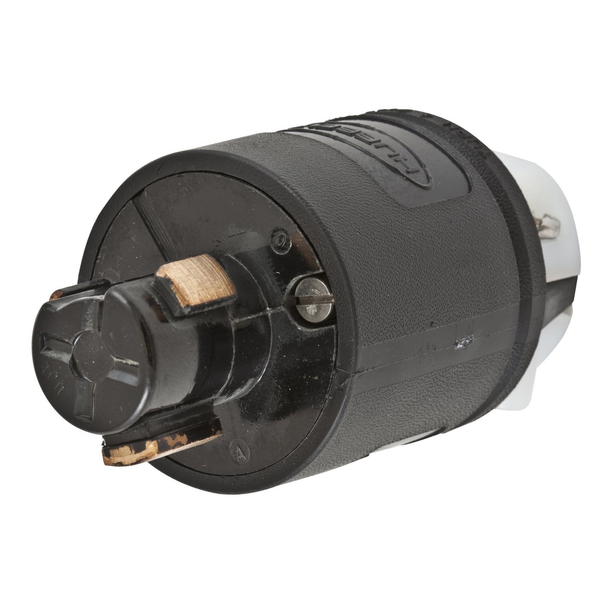 HBL23005B 1-Phase Non-Grounding Male Standard Cord Mount Locking Plug, 125/250 V AC, 20 A, 3 Poles, 3 Wires, Black/White