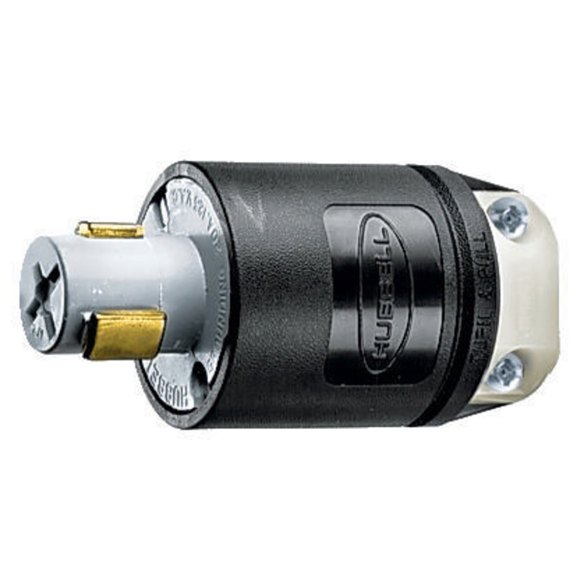 HBL23014HGB 1-Phase Grounding Male Cord Mount Locking Plug, 125 V AC, 20 A, 2 Poles, 3 Wires, Black/White