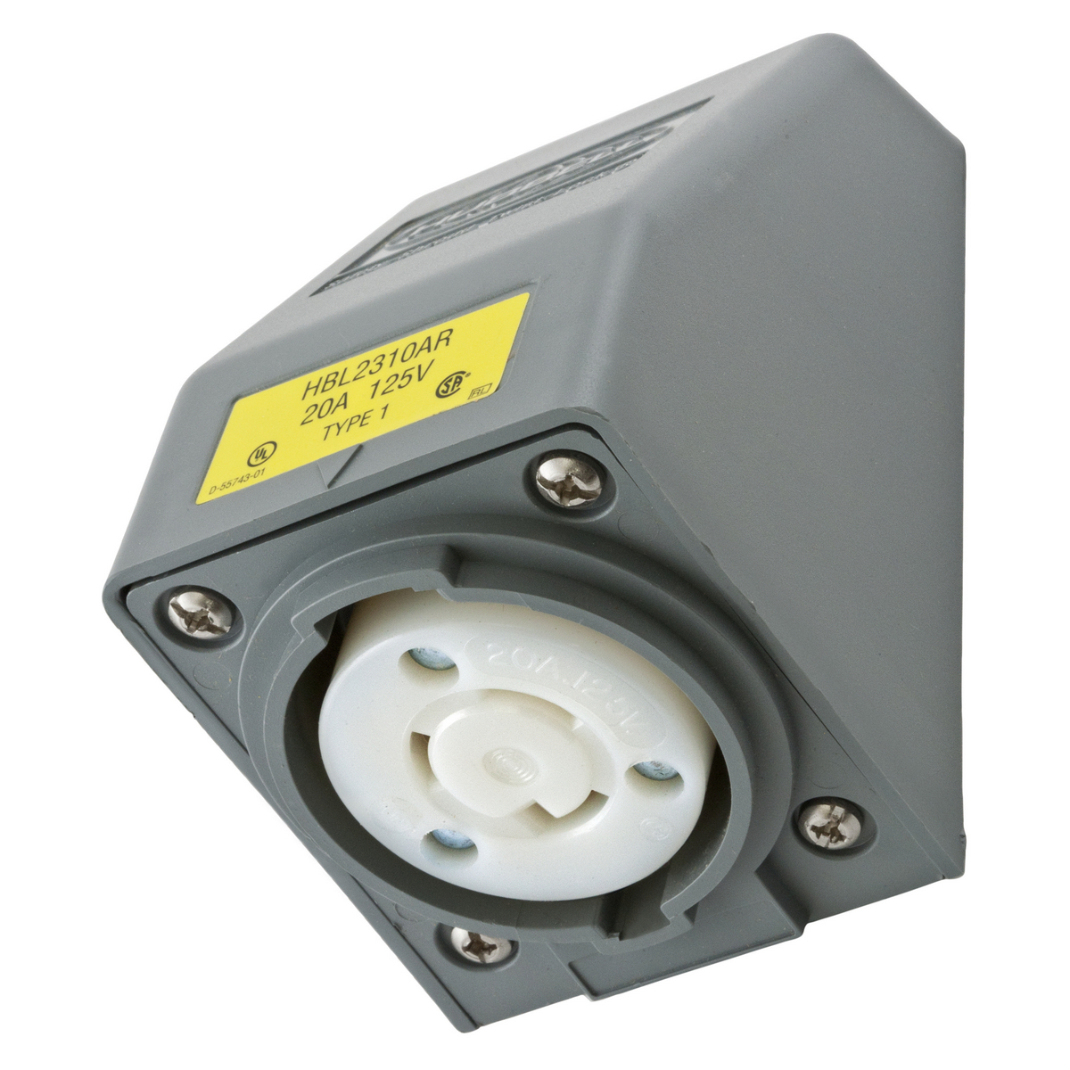HBL2310AR 1-Phase 1-Gang Angled Grounding Single Standard Screw Mount Locking Receptacle, 125 V AC, 20 A, 2 Poles, 3 Wires, Gray/White