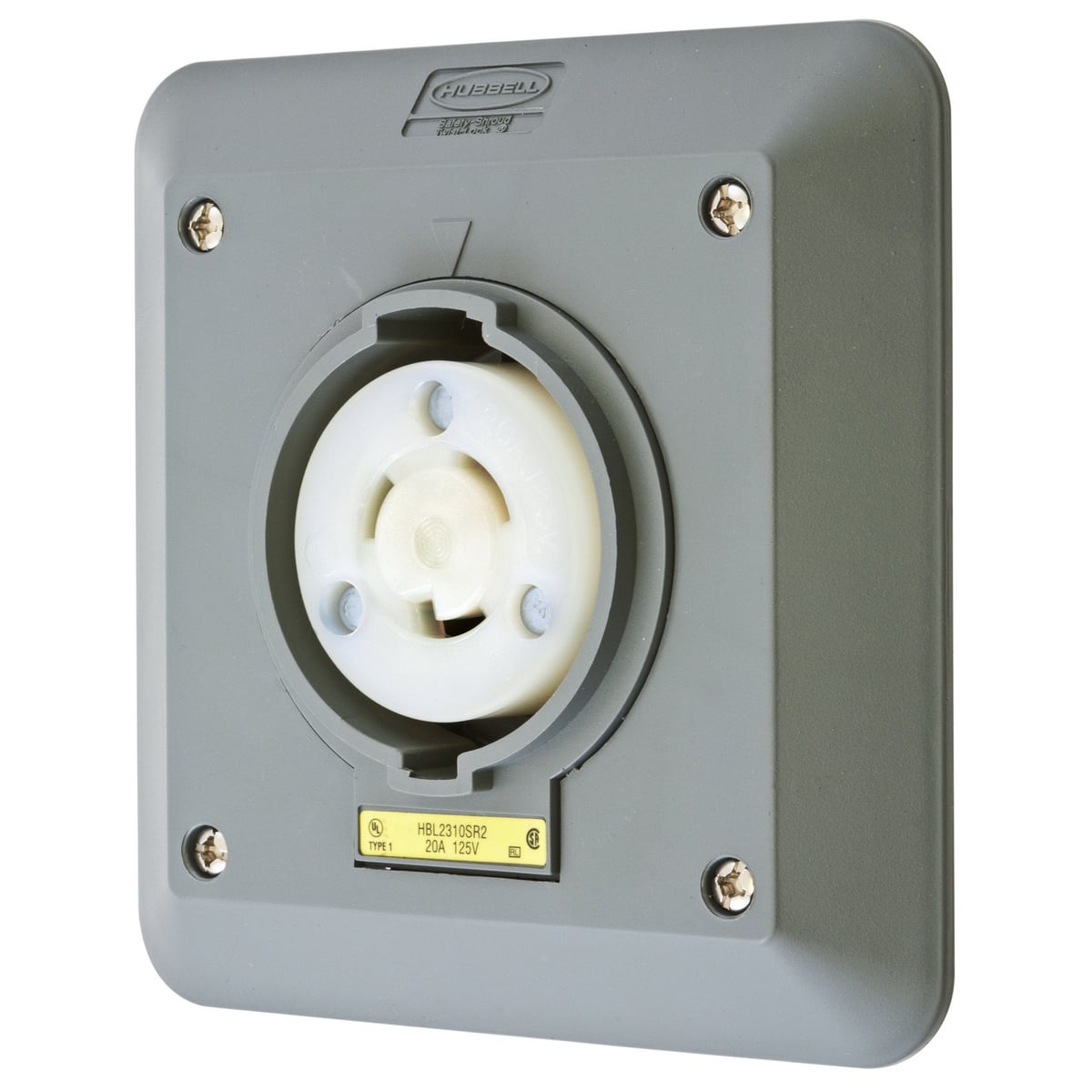HBL2310SR2 1-Phase 2-Gang Heavy Duty Grounding Standard Single Semi-Flush Surface Mount Locking Receptacle, 125 V AC, 20 A, 2 Poles, 3 Wires, Gray/White