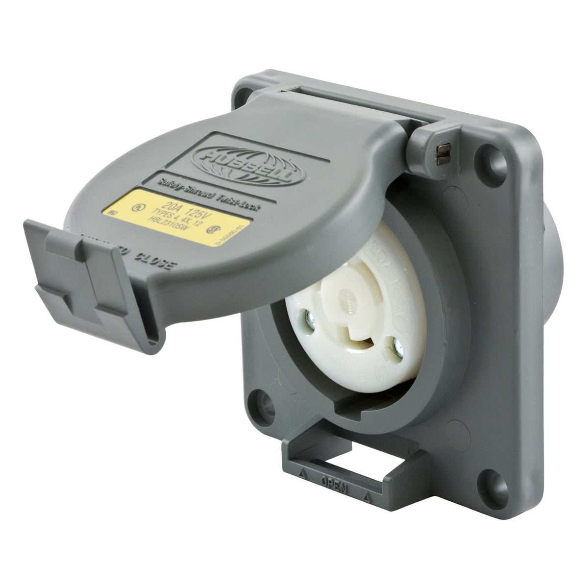 HBL2310SW 1-Phase Grounding Heavy Duty Shrouded Single Standard Watertight Screw Mount Locking Receptacle, 125 V AC, 20 A, 2 Poles, 3 Wires, Gray/White