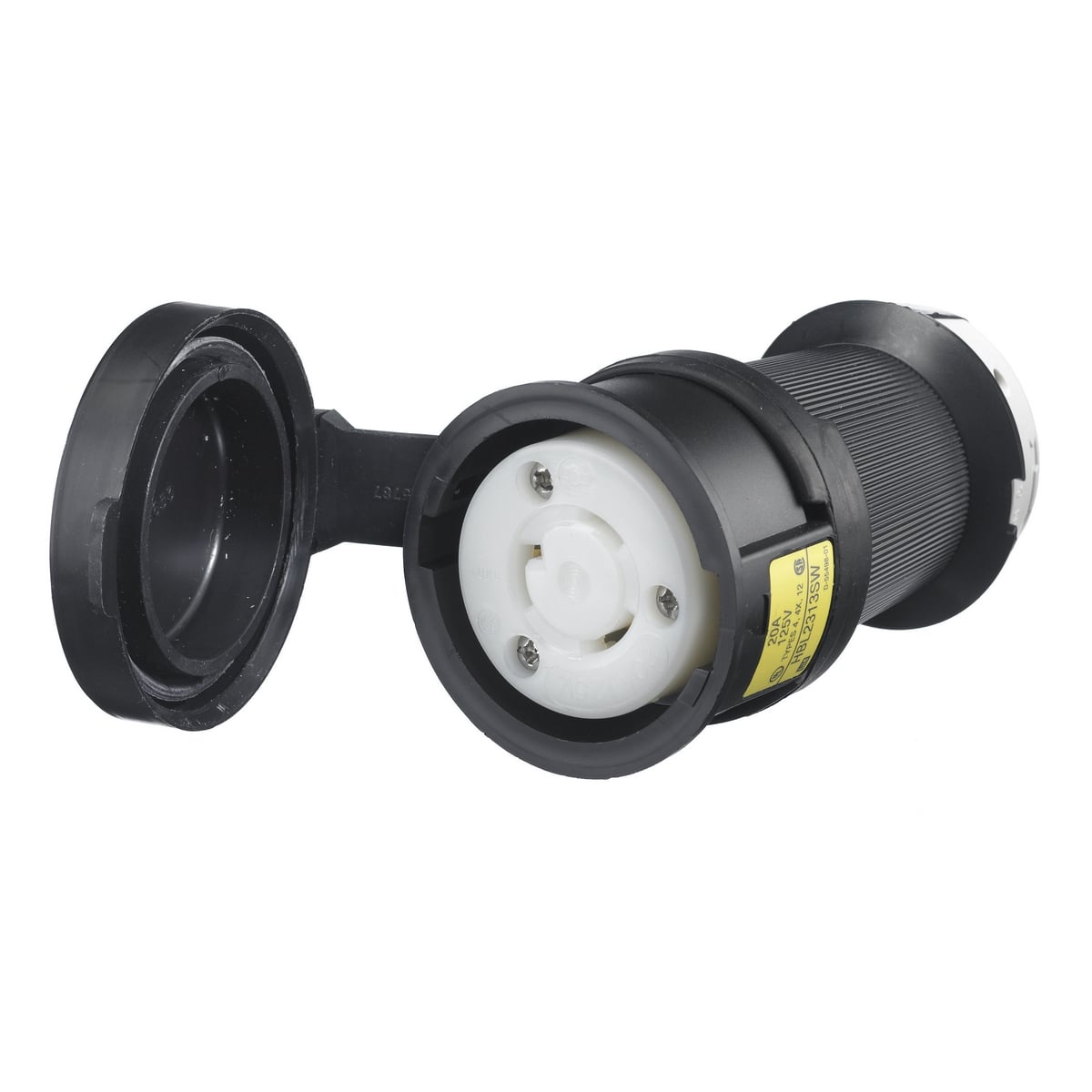HBL2313SW HBL Grounding Heavy Duty Shrouded Watertight Cord Mount Locking Connector, 125 V AC, 20 A, 2 Poles, 3 Wires, Black/White