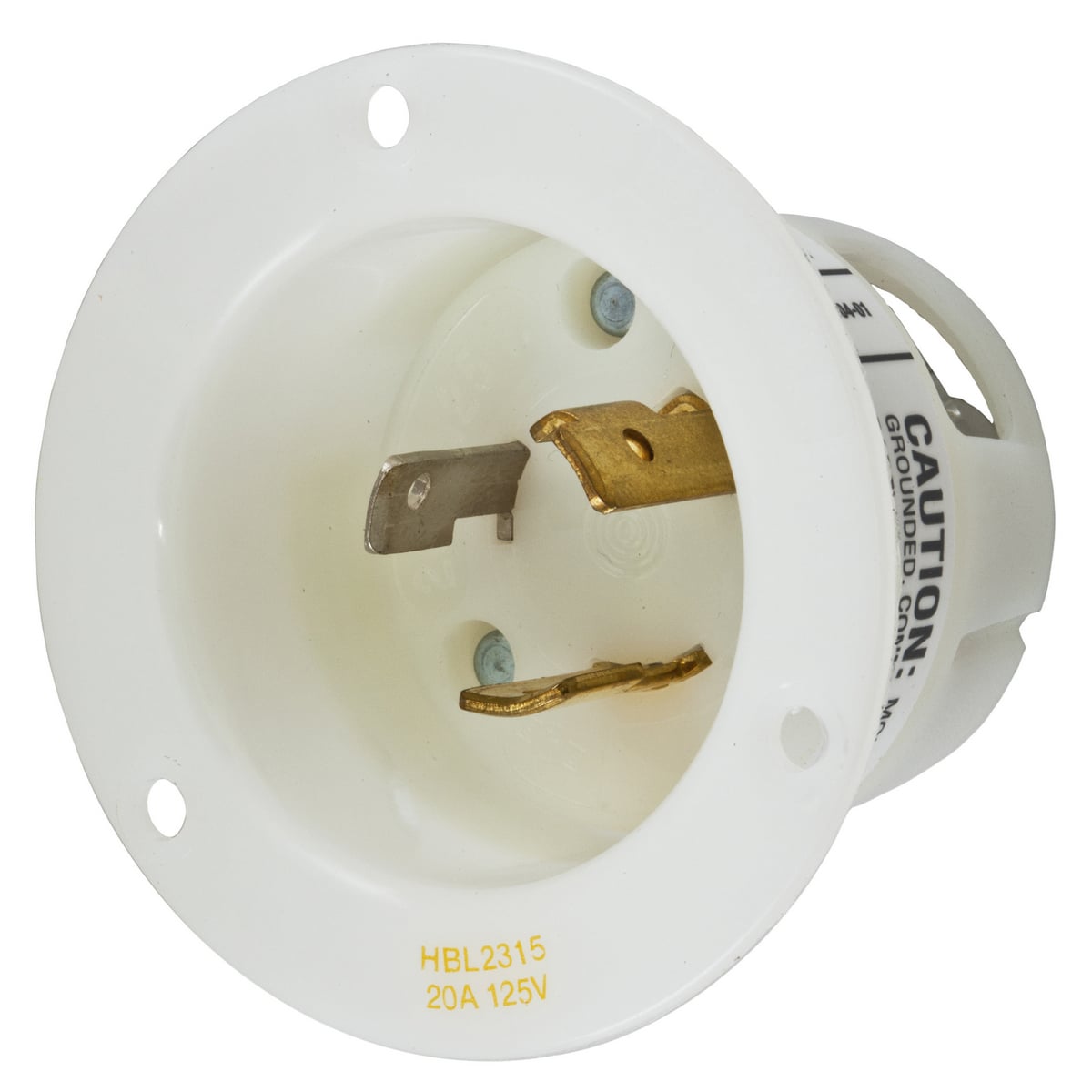 HBL2315 HBL 1-Phase Extra Heavy Duty Grounding Screw Mount Locking Flanged Inlet, 125 V AC, 20 A, 2 Poles, 3 Wires, White