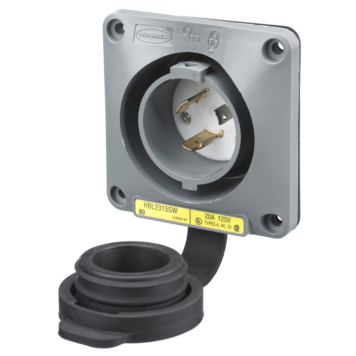 HBL2315SW 1-Phase Extra Heavy Duty Grounding Screw Mount Watertight Locking Flanged Inlet, 125 V AC, 20 A, 2 Poles, 3 Wires, Gray