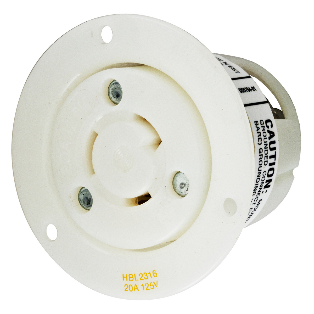 HBL2316 1-Phase Heavy Duty Flanged Grounding Standard Single Screw Mount Locking Receptacle, 125 V AC, 20 A, 2 Poles, 3 Wires, White