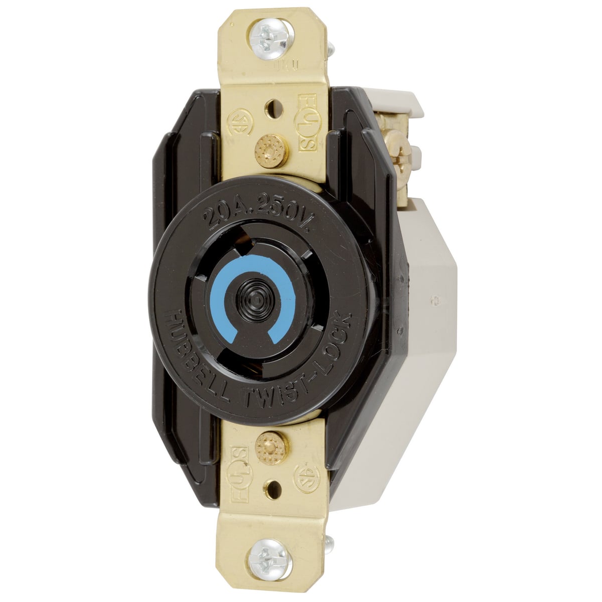 HBL2320 1-Phase Grounding Heavy Duty Single Screw Mount Locking Receptacle, 250 V AC, 20 A, 2 Poles, 3 Wires, Black