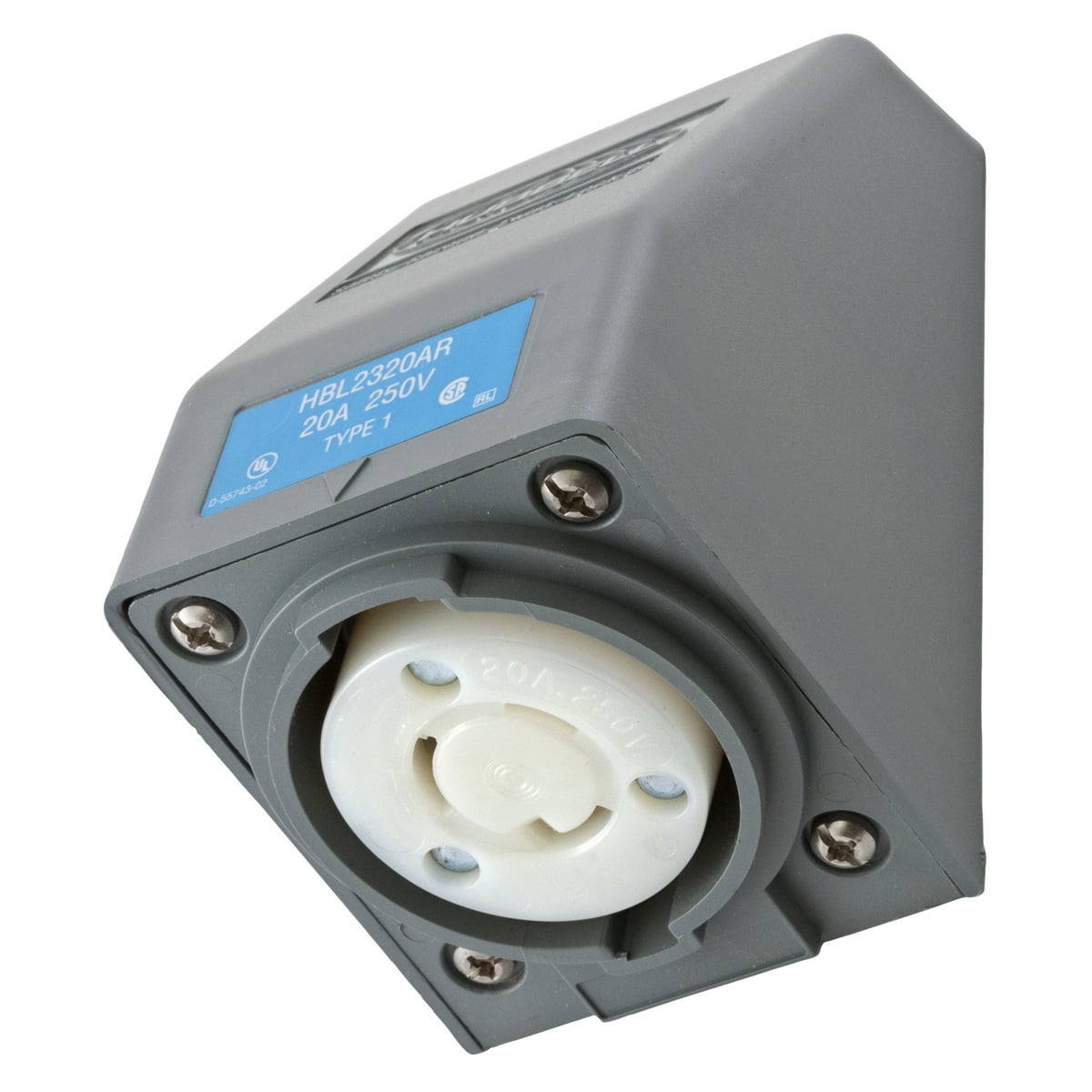 HBL2320AR HBL 1-Phase 1-Gang Angled Grounding Heavy Duty Standard Single Screw Mount Locking Receptacle, 250 V AC, 20 A, 2 Poles, 3 Wires, Gray/White