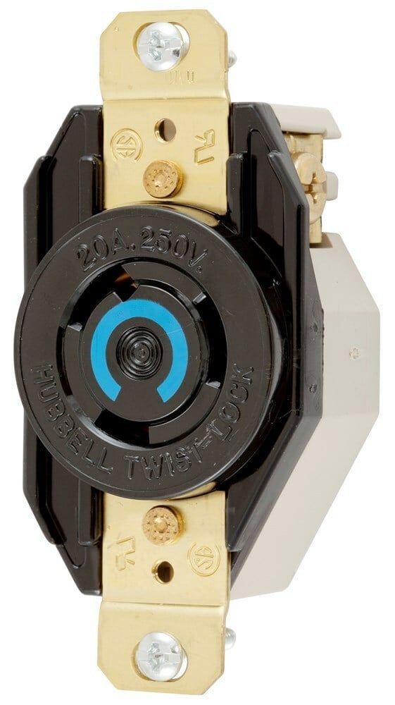 HBL2320RT 1-Phase Flush Mount Heavy Duty Grounding Standard Single Screw Mount Locking Receptacle, 250 V AC, 20 A, 2 Poles, 3 Wires, Black