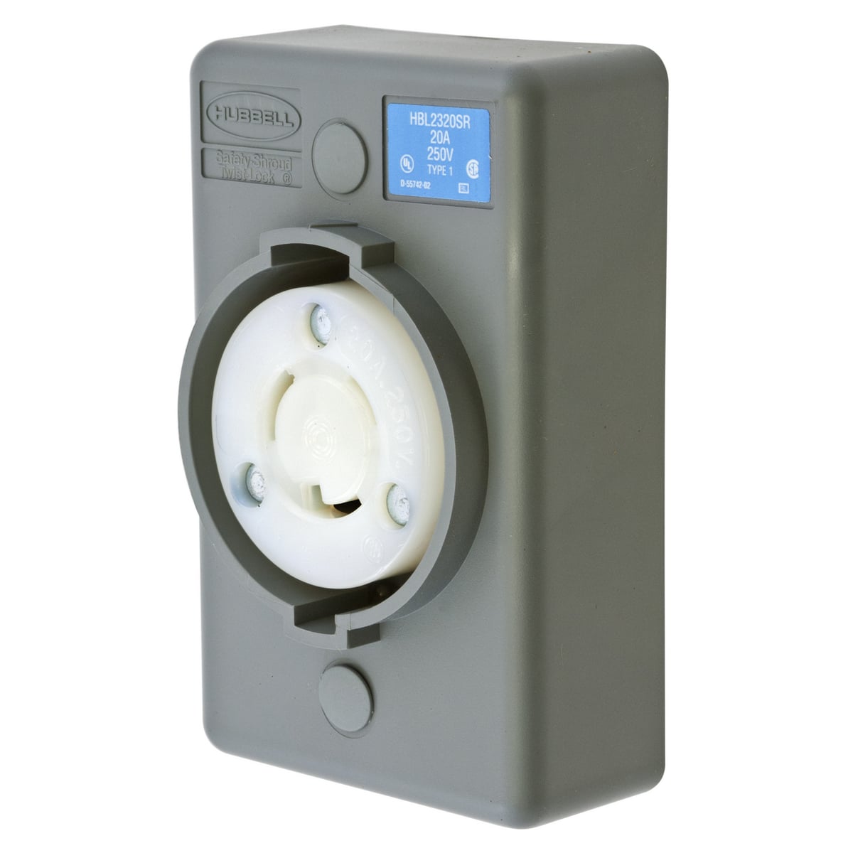 HBL2320SR 1-Phase Grounding Heavy Duty Single Surface Mount Locking Receptacle, 250 V AC, 20 A, 2 Poles, 3 Wires, Gray/White