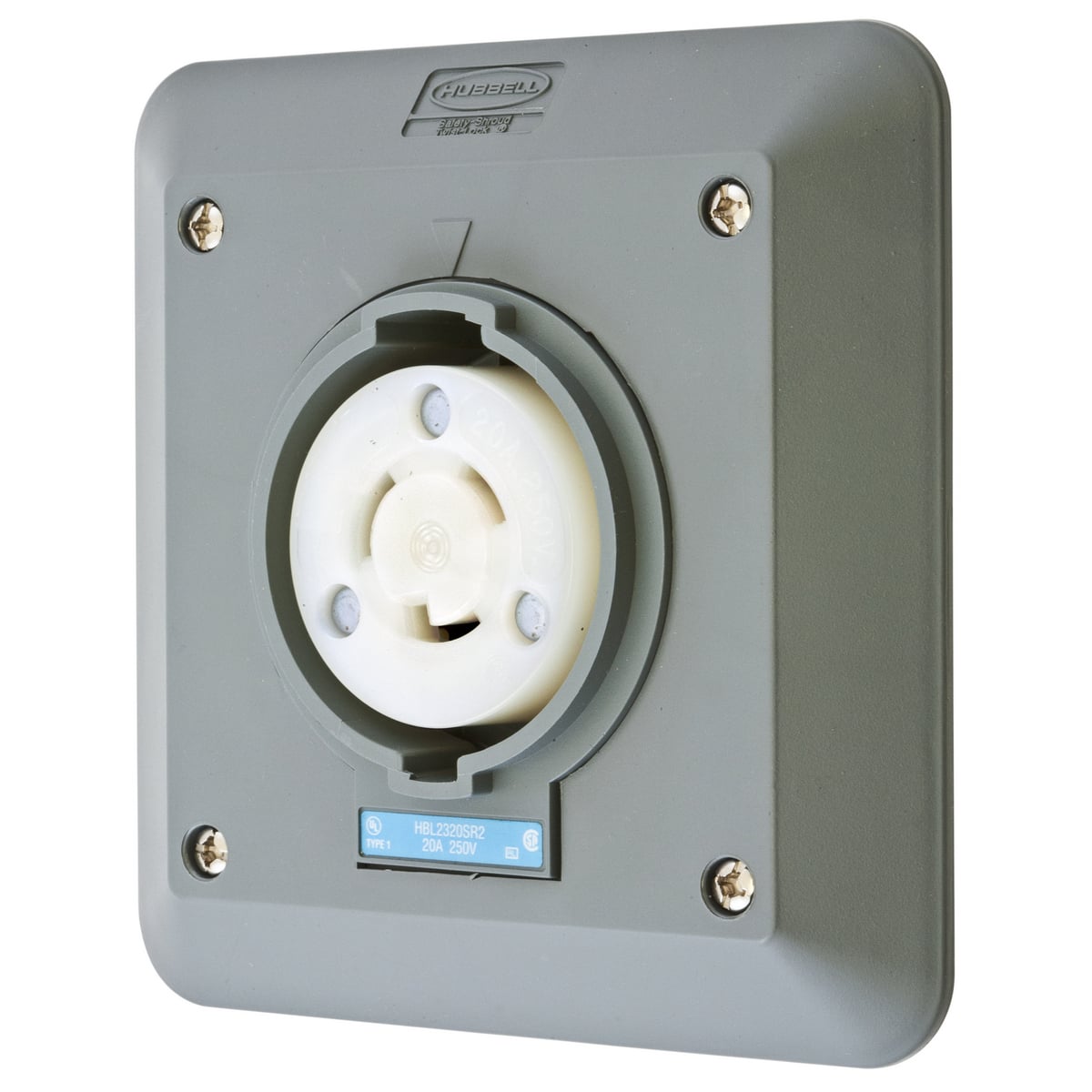 HBL2320SR2 1-Phase 2-Gang Heavy Duty Grounding Standard Single Semi-Flush Surface Mount Locking Receptacle, 250 V AC, 20 A, 2 Poles, 3 Wires, Gray/White